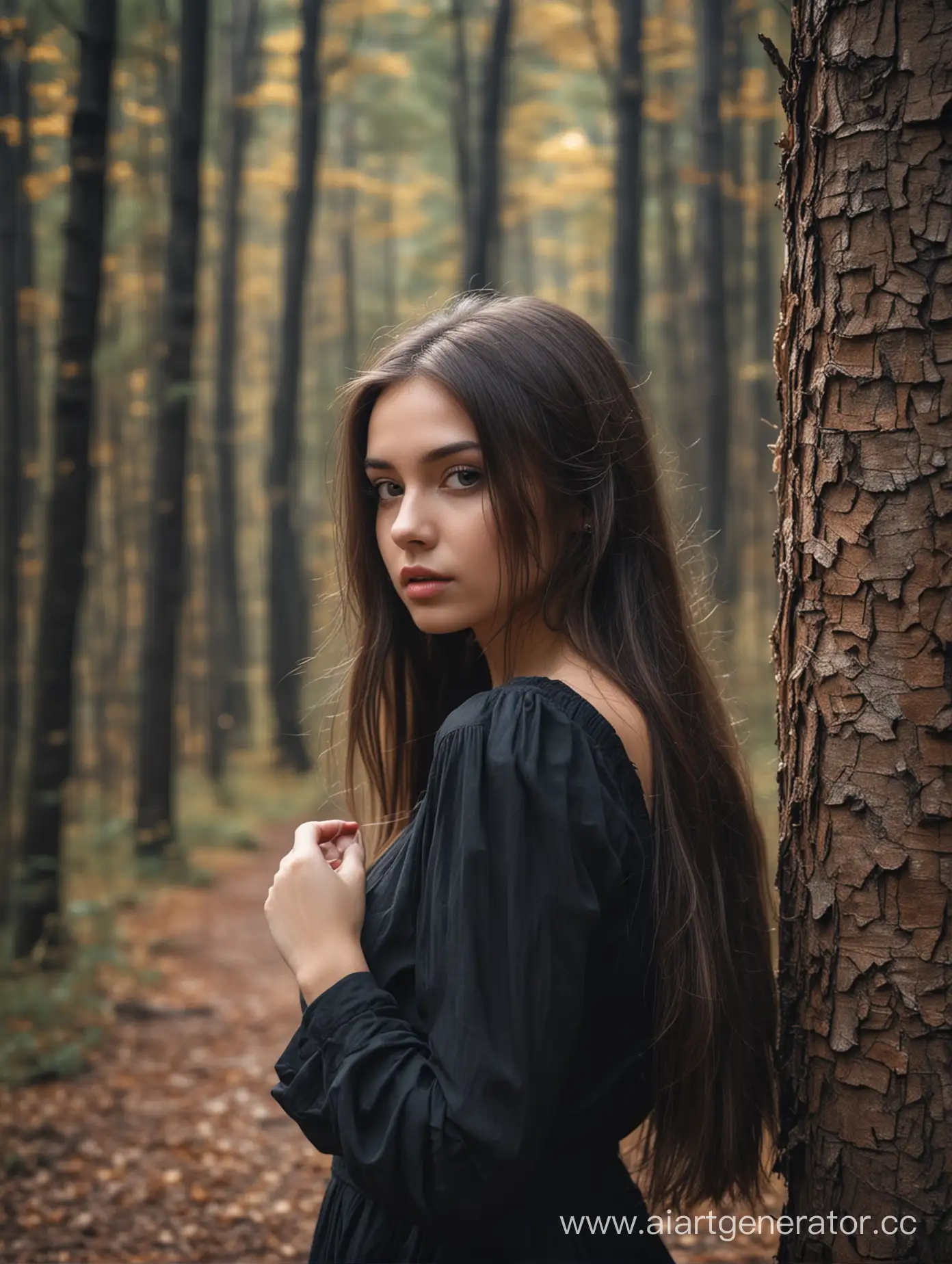 Создай очень красивую девушку которая сделала фото на фоне леса, она выглядит очень загадочно 
