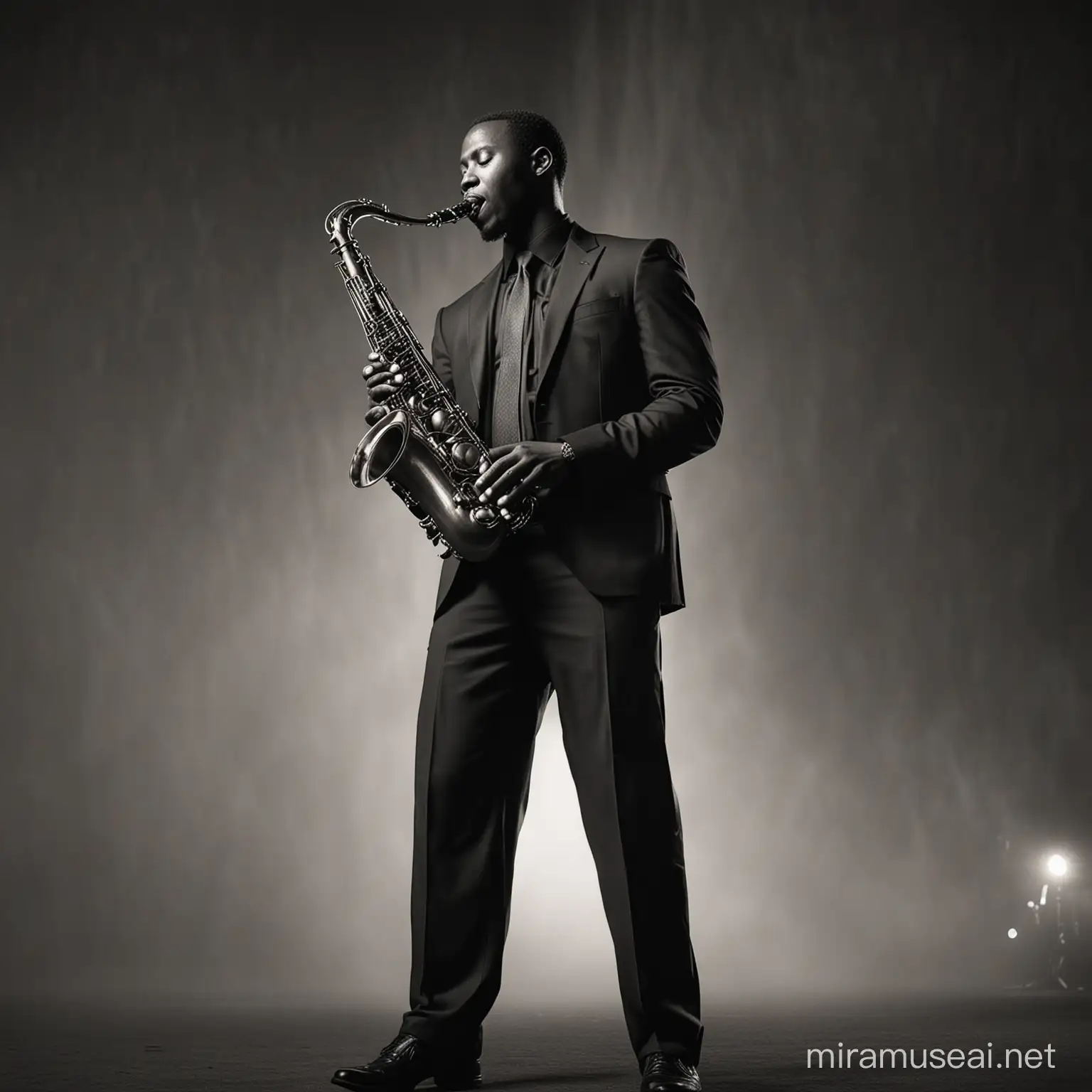 CREAT A DIGITAL PHOTO OF A black African man standING tall at 5 feet 10 inches, skillfully playing a real tenor saxophone in an awe-inspiring worship setting, WITH WORSHIPPERS SHOWING REFERENCE