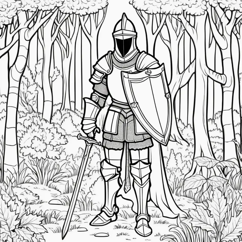 Enchanting Coloring Book Illustration Knight Amidst the Mystical Forest