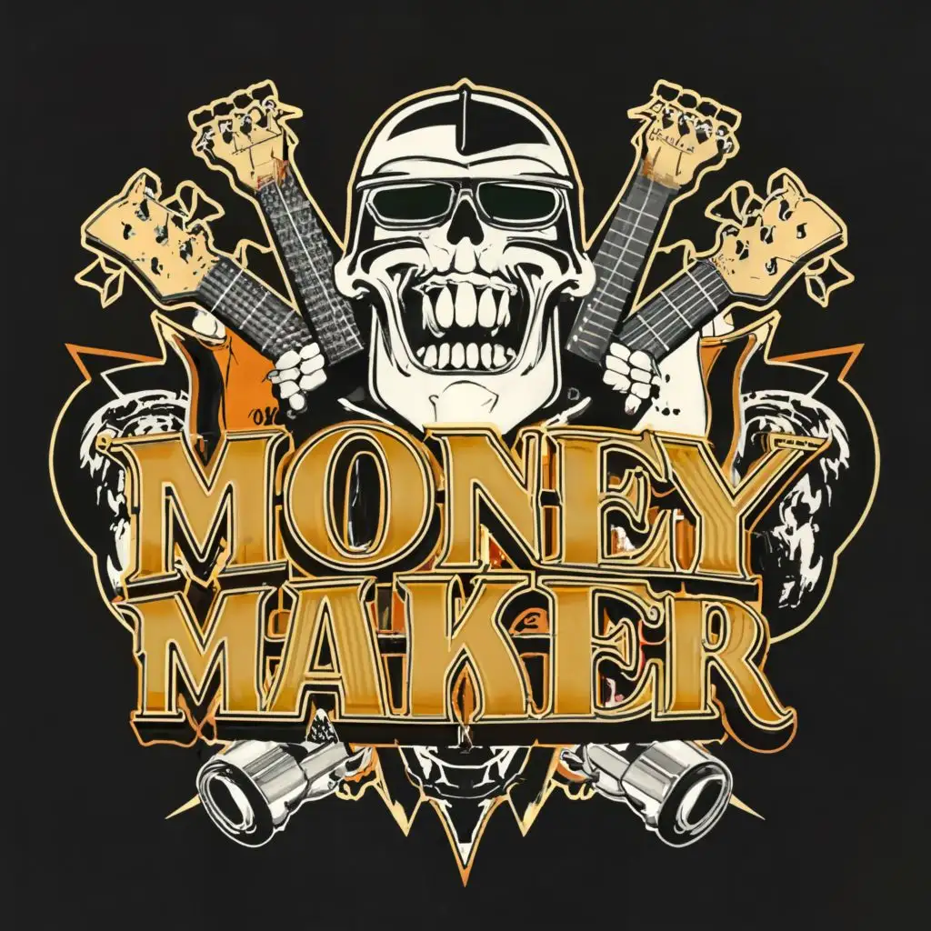 logo, Rock Band, with the text "Money Maker", typography logo is in the head of hotrod with guitars, amps and skulls. Make letters stand out more with sharp letters