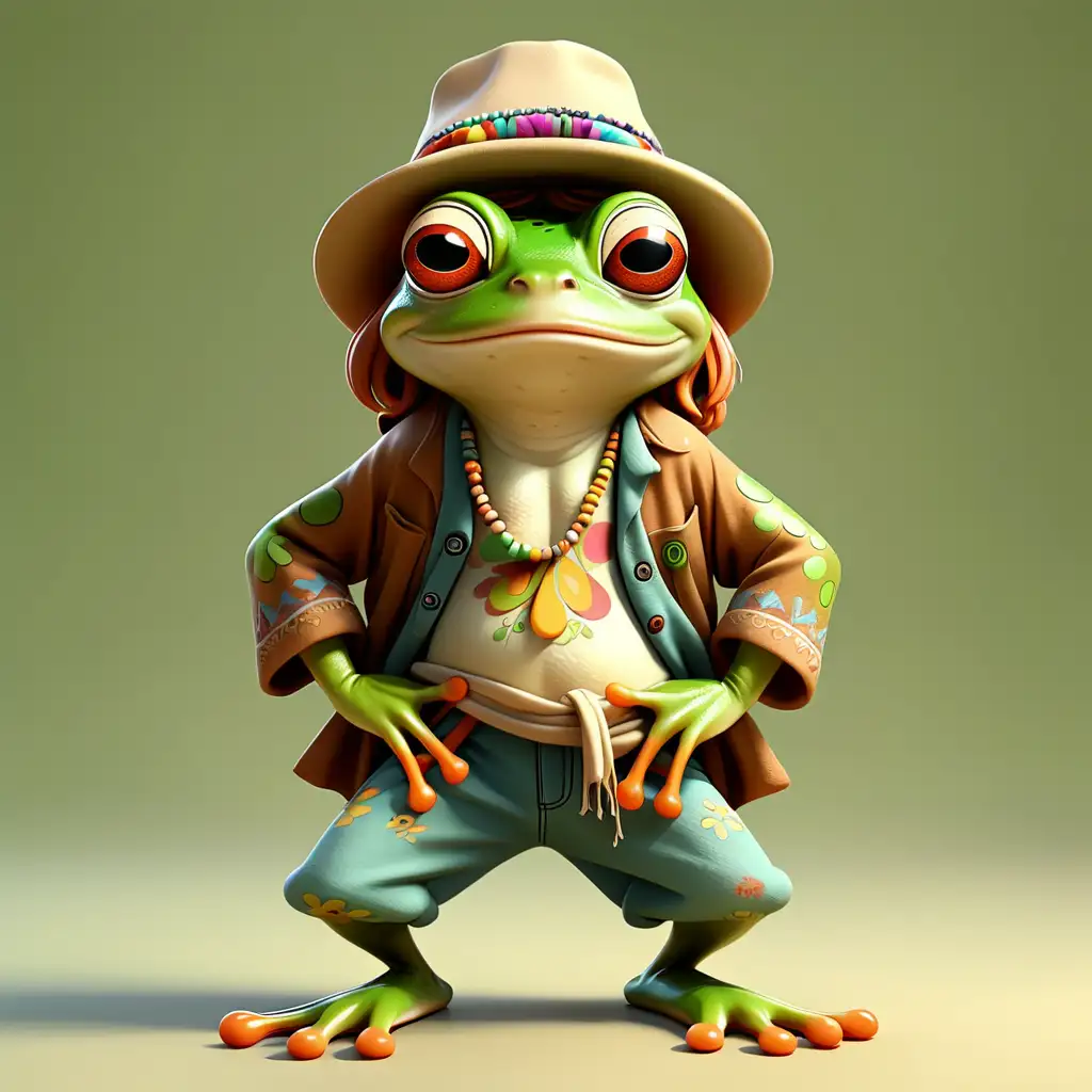 a cute frog in full body cartoon style with Hippie clothes with clear background