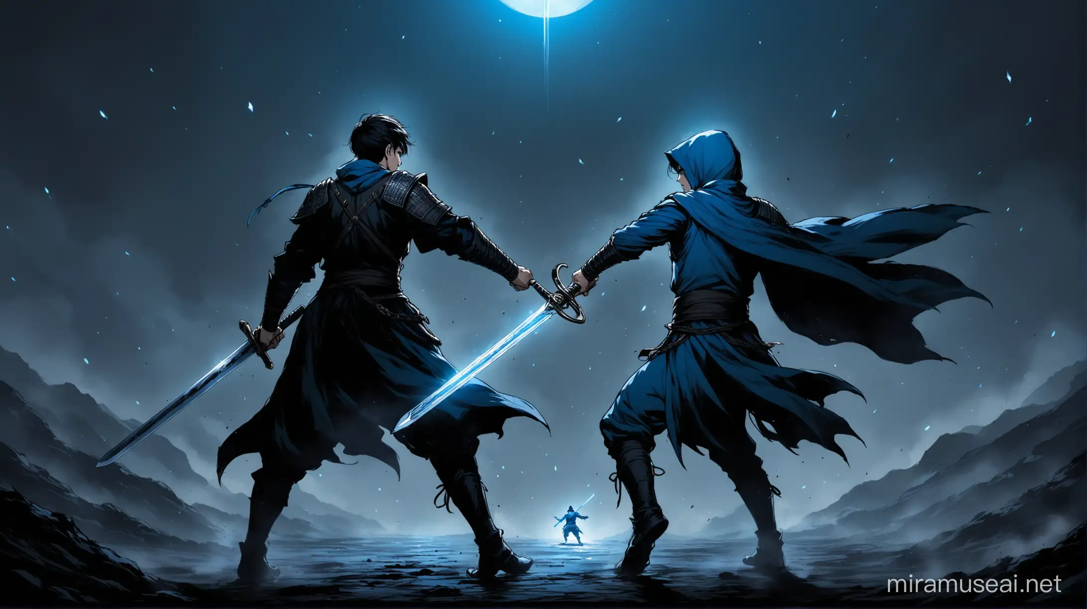 The young warrior dressed in blue leaped with his sword towards the man dressed in pitch black.