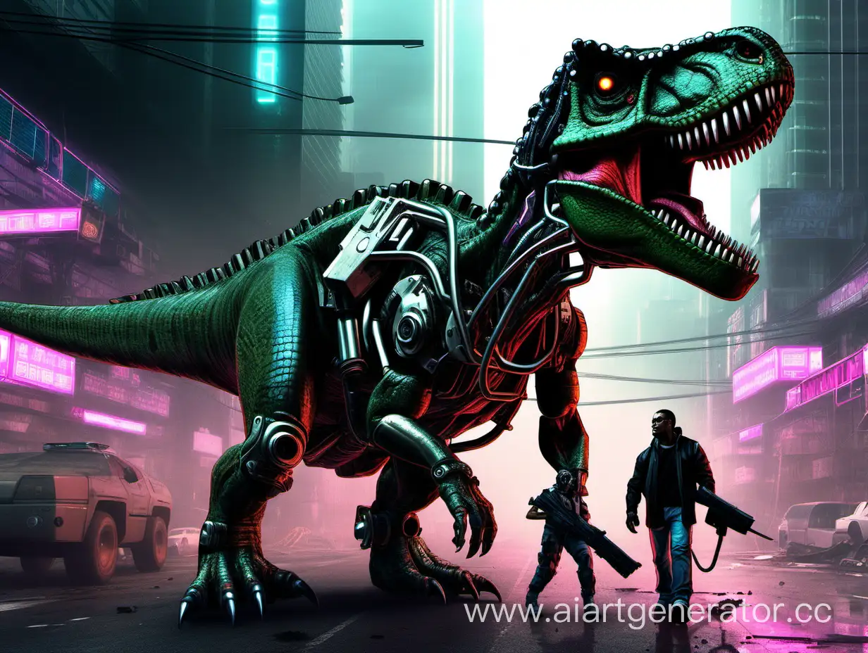 Динозавр-терминатор в киберпанковском будущем