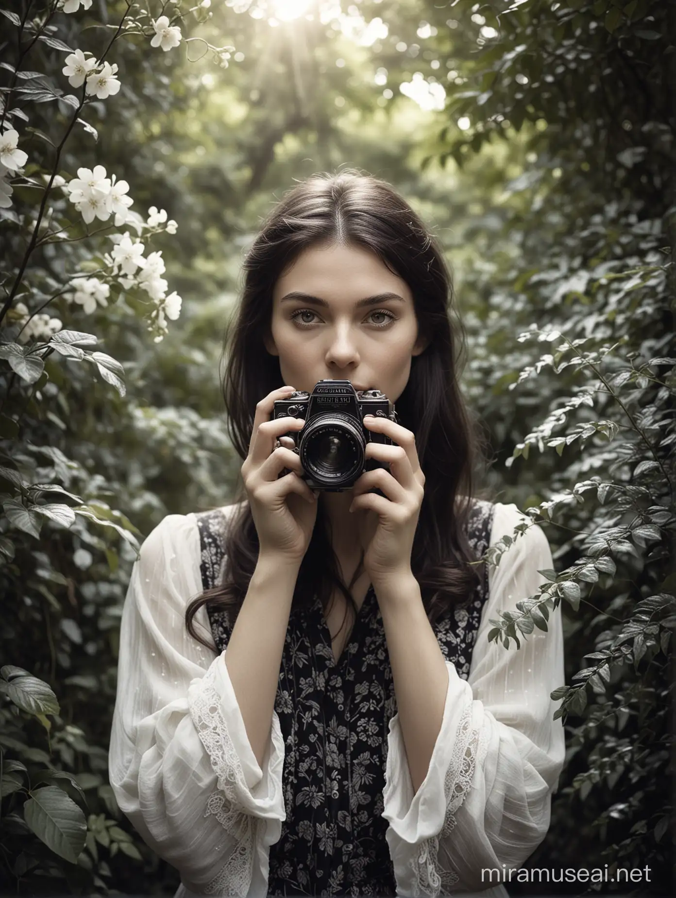 photographic, professional, Employing a vintage twin-lens reflex (TLR) camera with a fixed 75mm lens, immerse the viewer in the romantic ambiance of a secluded garden bathed in soft, dappled sunlight. Craft a dreamy black and white portrait of a lady amidst a lush botanical setting, where the natural elements serve as a harmonious backdrop to her ethereal presence. Experiment with composition, framing her amidst trailing vines or delicate blooms, and use shallow depth of field to create a sense of intimacy and connection with the viewer.