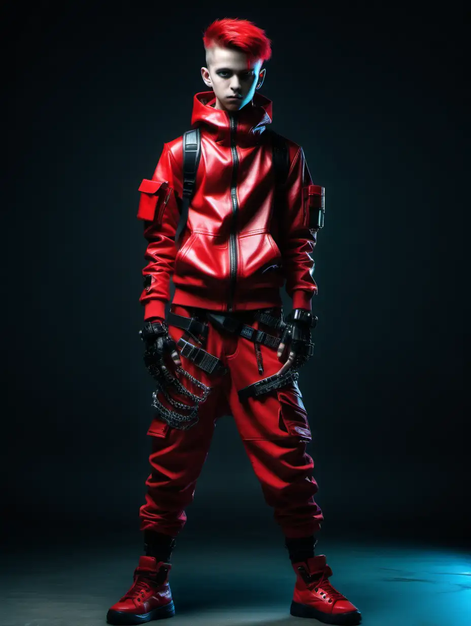 cyber punk boy in red clothes, full length