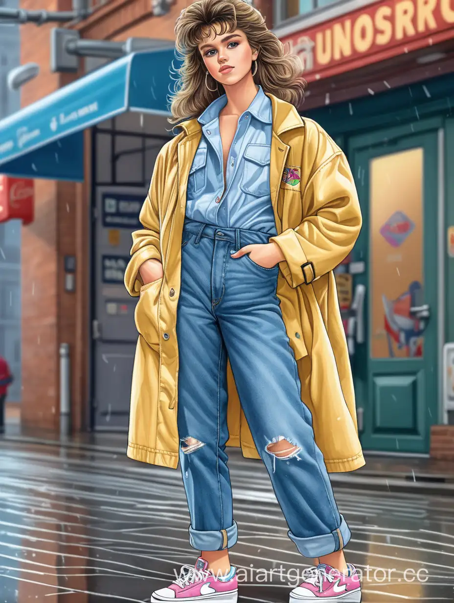 girl in a raincoat, unbuttoned shirt, jeans, and 80s retro sneakers