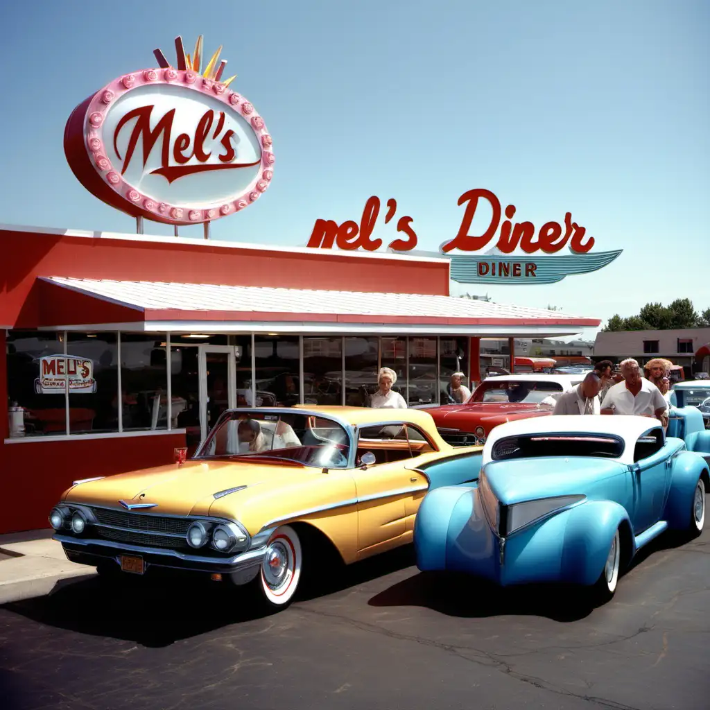 1960s Mel's diner outside car hop with classic hot rods.