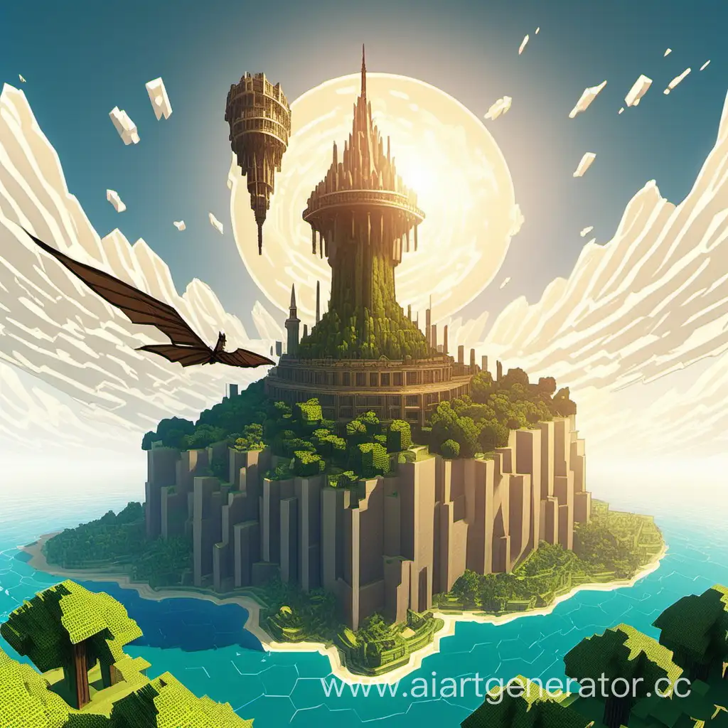 нарисуй летающий остров, где в центре будет большая постройка похожая на эльфовую башню в Париже, но выполнена в светлых тонах и в стиле игры майнкрафт