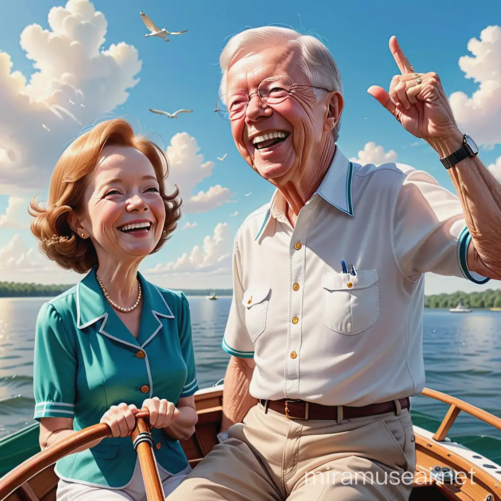 Cartoon Jimmy Carter no glasses and Rosalynn Carter laughing boating sunny sky 
