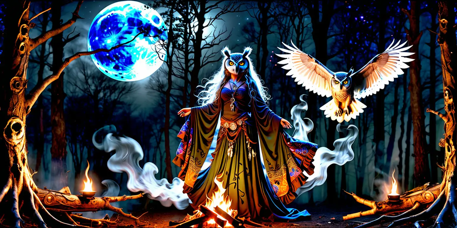 Title: "Moonlit Reverie"

Description:
Create an enchanting scene capturing the mystique of a full moon night. In the heart of a dense forest, a colorful gypsy wagon is nestled among the trees, its ornate designs gleaming under the moonlight. Wisps of smoke curl from a crackling fire nearby, casting dancing shadows on the ground.

In the center of the clearing, an enchantress adorned in flowing robes moves gracefully around the flames, her movements fluid and hypnotic. Her eyes sparkle with ancient wisdom as she performs a ritual dance under the watchful gaze of the full moon.

Perched on a branch above, an owl with piercing eyes observes the scene with silent wisdom, its feathers ruffled by the gentle night breeze. Amidst the flickering firelight and the soft hoots of the owl, an aura of magic and mystery fills the air, inviting viewers to immerse themselves in the enchantment of the moment.