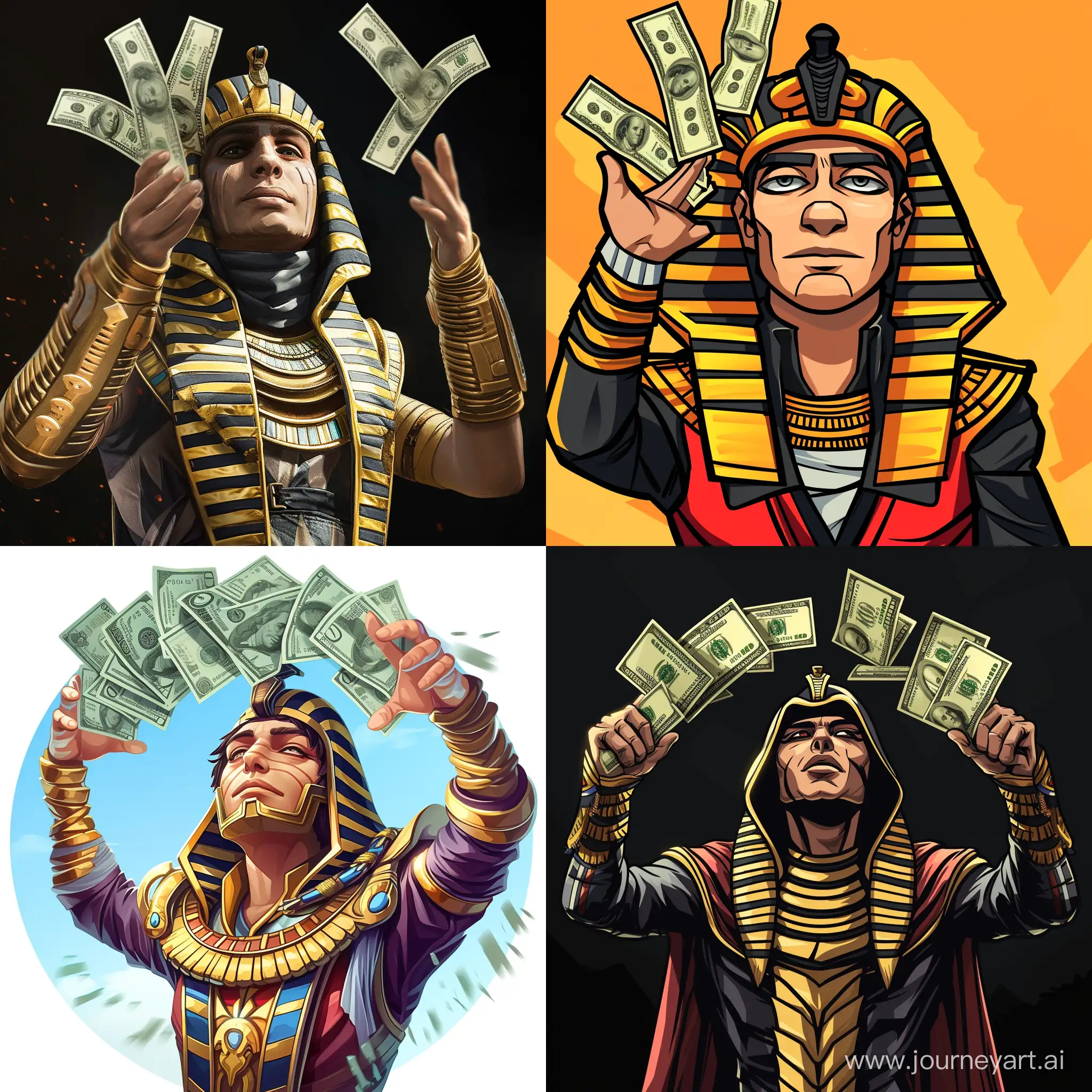Create an image of a character dressed as Pharaoh X from PUBG Mobile. Pharaoh X is throwing up dollars, the in-game currency UC, with a serious expression on his face. gaming channel logo