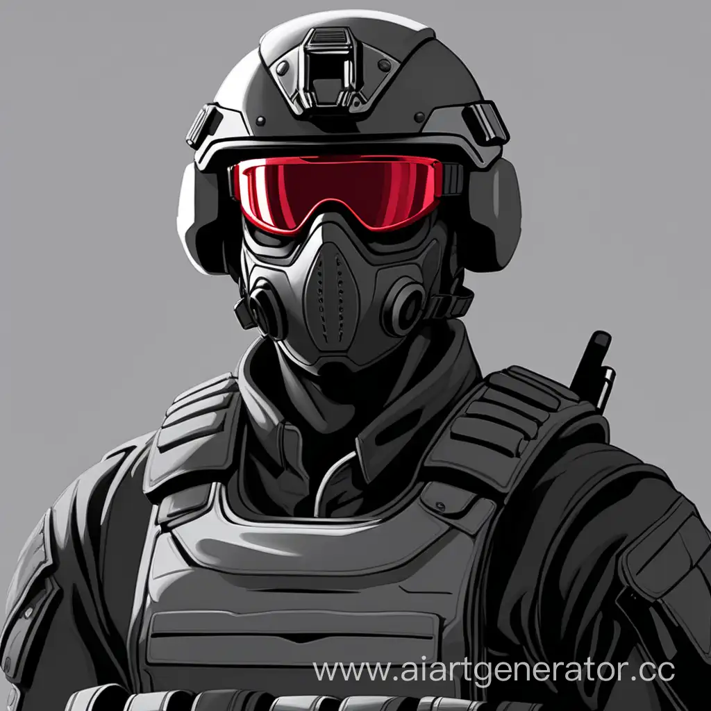 солдат, в черном шлеме ,с красным визором, в полумаске , в серо красной униформе, в черном бронежилете