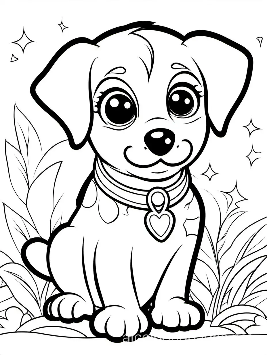a chubby little puppy with big , sparkling eyes, Coloring Page, black and white, line art, white background, Simplicity, Ample White Space. The background of the coloring page is plain white to make it easy for young children to color within the lines. The outlines of all the subjects are easy to distinguish, making it simple for kids to color without too much difficulty