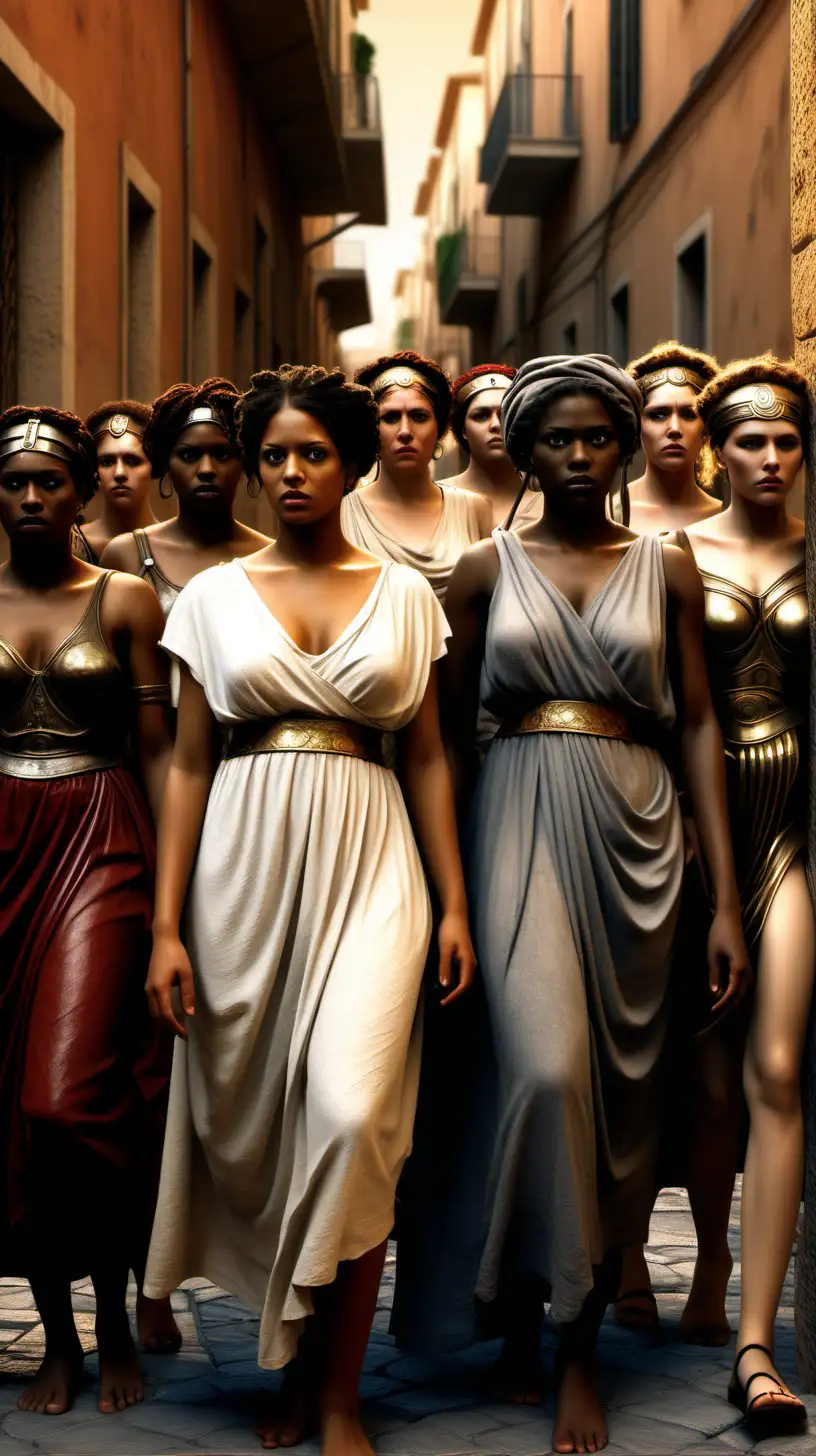 create A beautiful image portraying the contrast between slaves and freedwomen in ancient Rome, some being forced into prostitution, depicting the diverse backgrounds of individuals in the profession, set in a Roman urban context.


