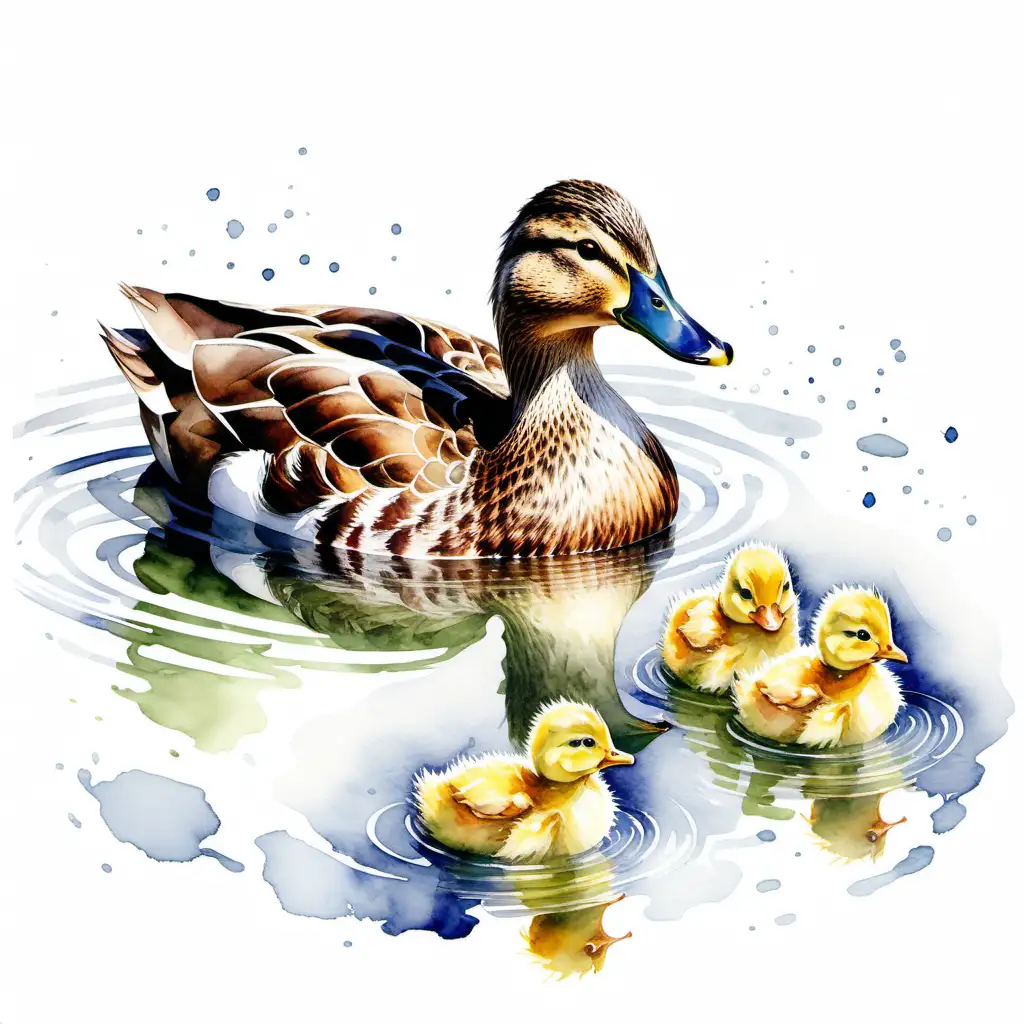 watercolored a mother duck
 swimming in a lake with baby chicks following her

art beautiful
white background
 


