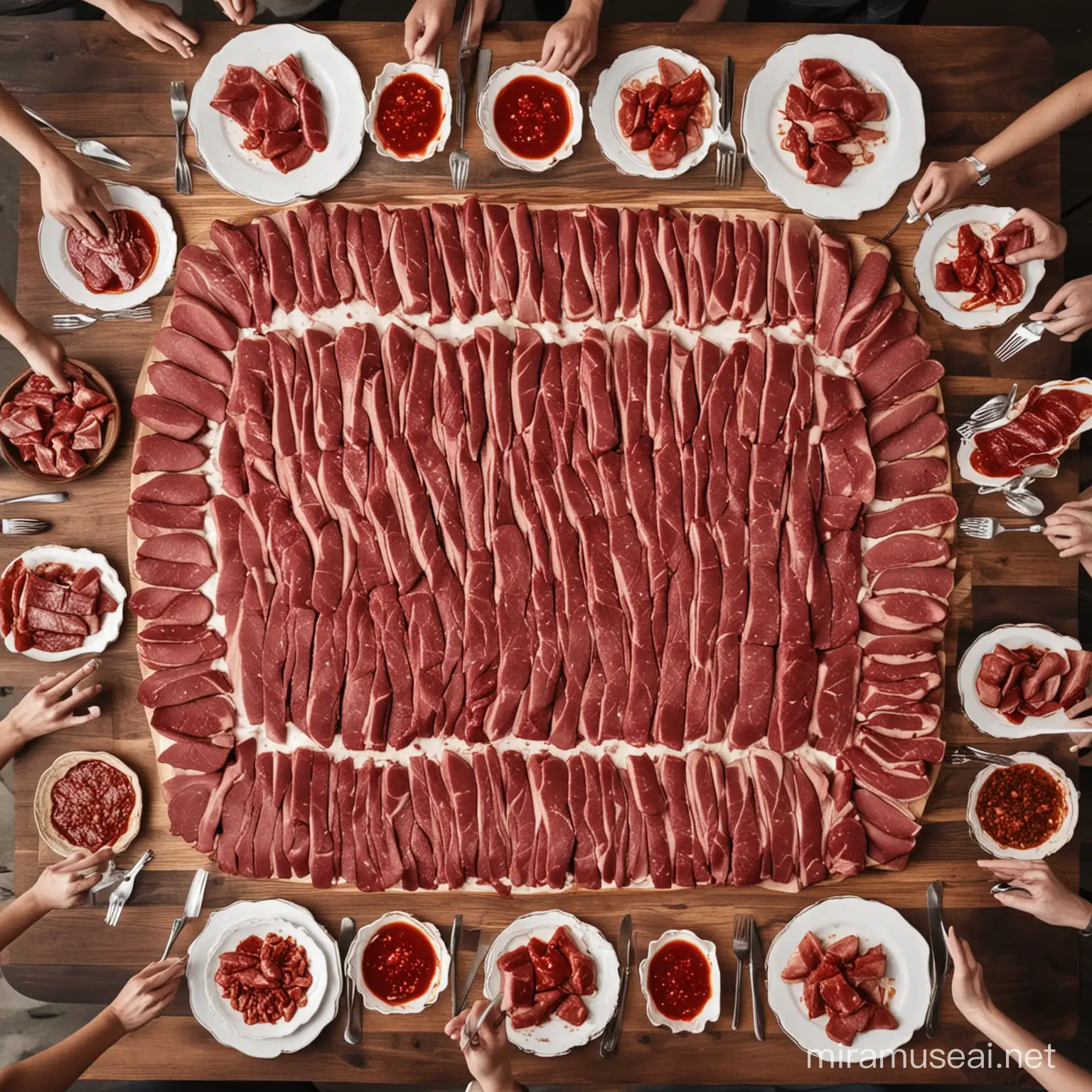 I want a real picture of a table full of red meat
 Make white meat. In this picture, no human being has joy
