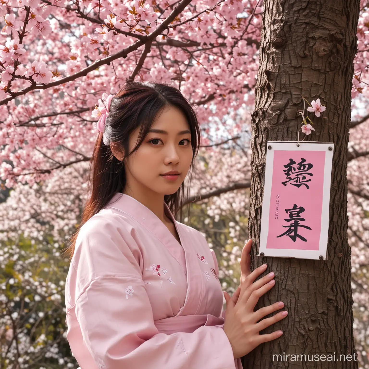 Sitting forwards with leg crossed over.The image shows pink and white signs hanging on a tree. The signs are written in Japanese characters "國黒川桜まつり" and "目黒川桜まつり." The tags for this image include flower, tree, sakura, blossom, outdoor, cherry blossom, pink, magenta, sign, and spring.Black woman beautiful face is shown.  The woman's body parts such as chest, thigh, stomach, and abdomen are visible.painterly smooth, extremely sharp detail, finely tuned detail, 8 k, ultra sharp focus, illustration, illustration, art by Ayami Kojima Beautiful Thick Black