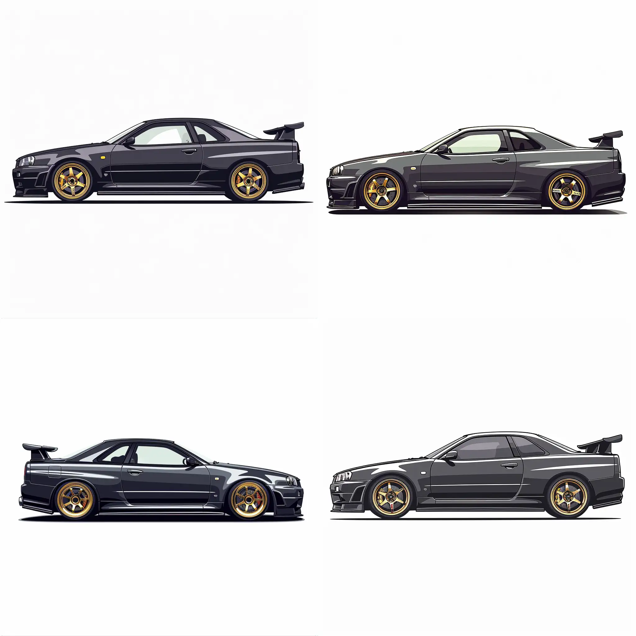Minimalist 2D Side View Illustration of: Charcoal Nissan Skyline GTR R34: Gold Rims, Simple White Background, Adobe Illustrator Software, High Precision