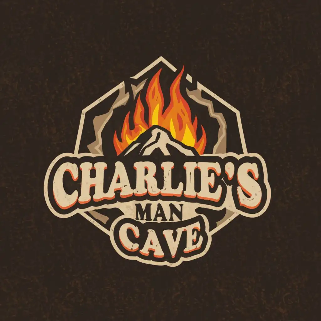 a logo design,with the text "Charlie's Man Cave", main symbol:Cave Mountains Firepit,Moderate,clear background
