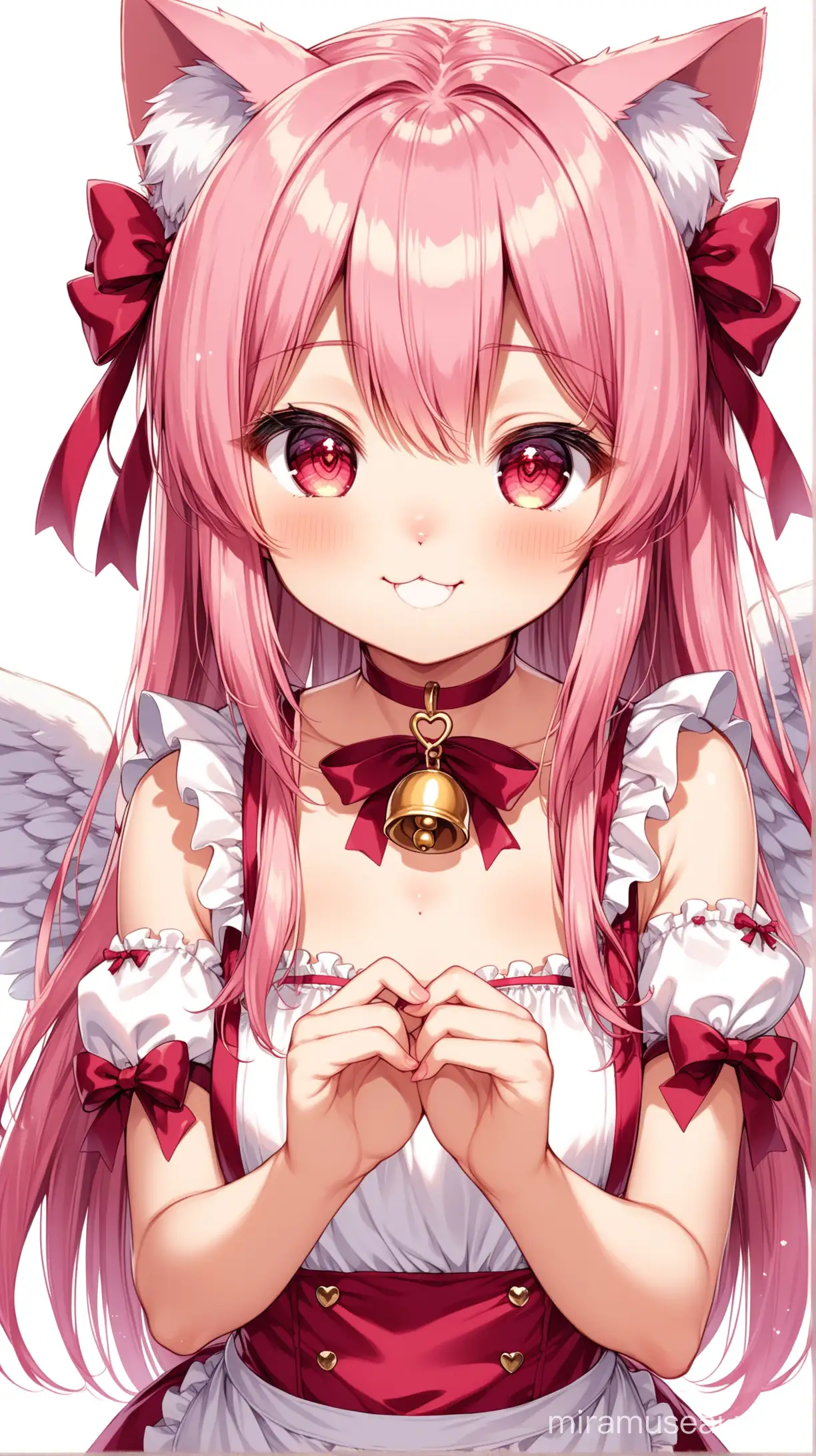 (Tamaki Iroha), High-quality anime illustration of cute cat girl, cat ears, cat tail, light pink hair, heart-shaped ahoge, straight long hair down, ((straight blunt middle bangs)), two side up, (crimson eyes:1.3), wearing a pink maid uniform, detached sleeves, tiny heart-shaped neck bell, choker, ultra detailed hair, cute expression, kawaii, anime, detailed eyes, fluffy design, professional, 16k, hd, high resolution, best quality, cute, looking at viewer, adorable, petite body, animal ears, solo focus, POV, cat mouth:1.2), (:3, kurashina asuka,  beautiful, elegant, holding hands, pov hands, tiny angel wings, white wings, heart-shaped pupils, white background, angel, smiling, perfect, perfect anatomy