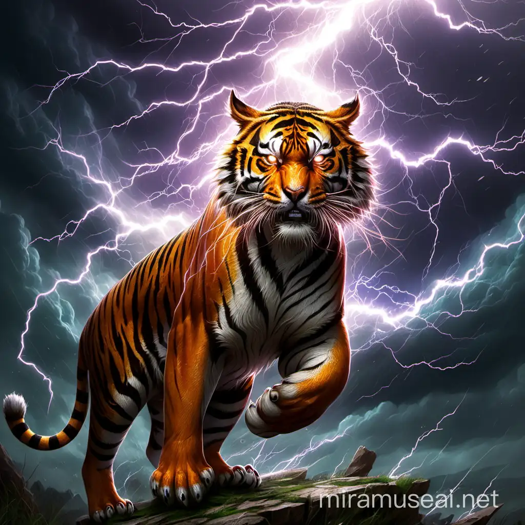 Ferocious Tiger in a Stormy Lightning Strike