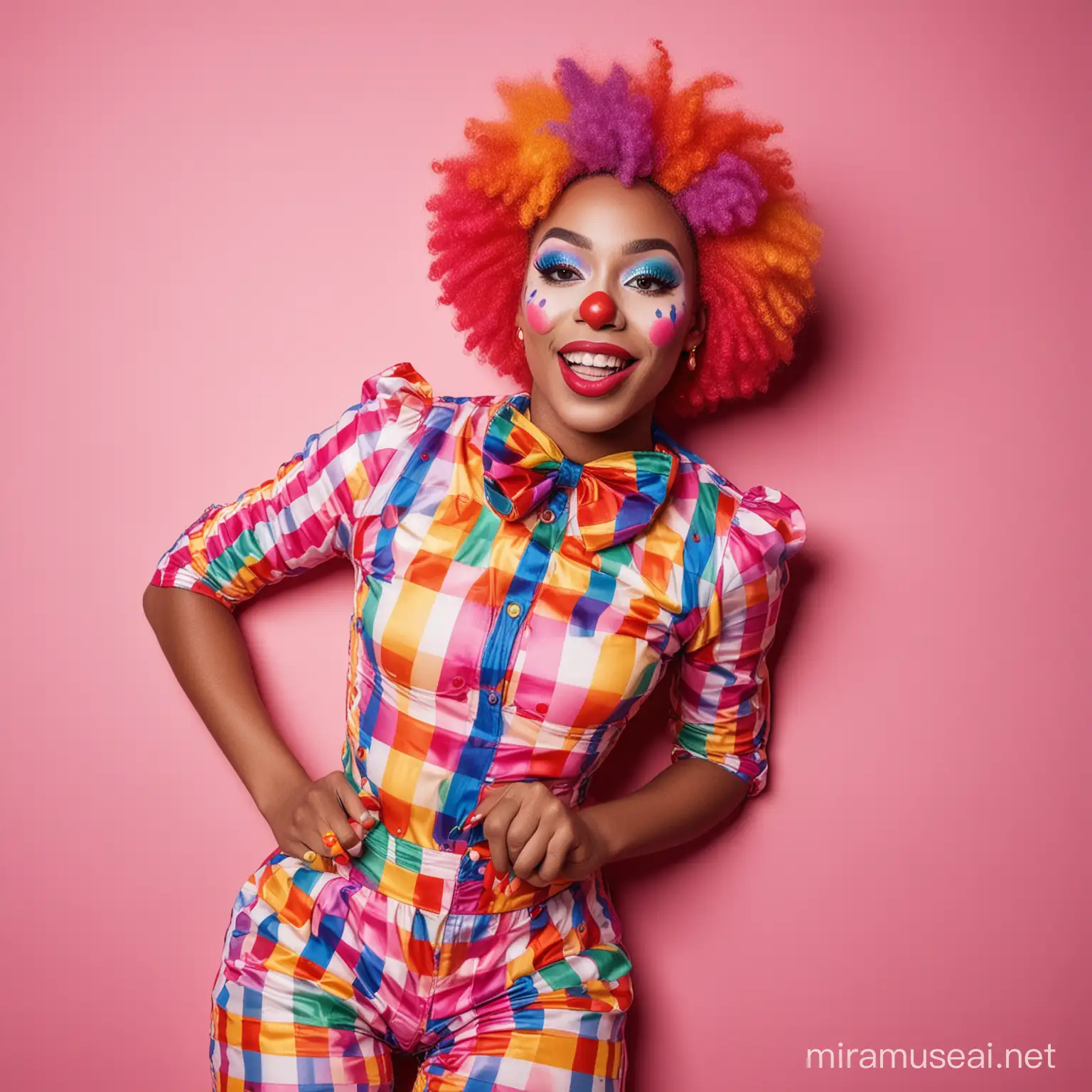 a full body photo of a light complexion nigerian model excitedly dressed as a sexy colourful clown and she is lying down horizontally on a pink background