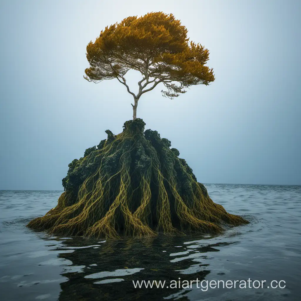 скала с одиноким деревом в море в морской капусте 