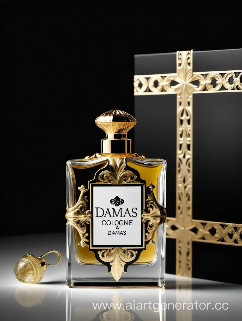 a bottle of damas cologne sitting next to a dark White box,with golden lines a Baroque dynamic luxurious composition, feminine
flemish Baroque