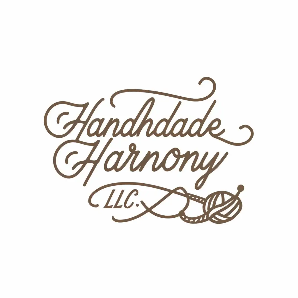 a logo design,with the text "handmade harmony", main symbol:The business name 'Handmade Harmony' is written in a flowing, elegant script typographic to spotlight craftsmanship and elegance. The acronym 'LLC' follows in a clean serif font to convey professionalism subtly. Integrate an icon of a crochet hook ingeniously looping through the letter 'y' in 'Harmony,' and a yarn ball replacing the letter 'o' to incorporate the crochet theme organically into the wordmark. A palette of elegant neutrals like soft beige, warm grays, and muted pastels enhances the logo's sophistication. Feature a backdrop with light textural elements, such as a faint knit pattern, evoking the tactile experience of crochet.,Minimalistic,be used in Retail industry,clear background