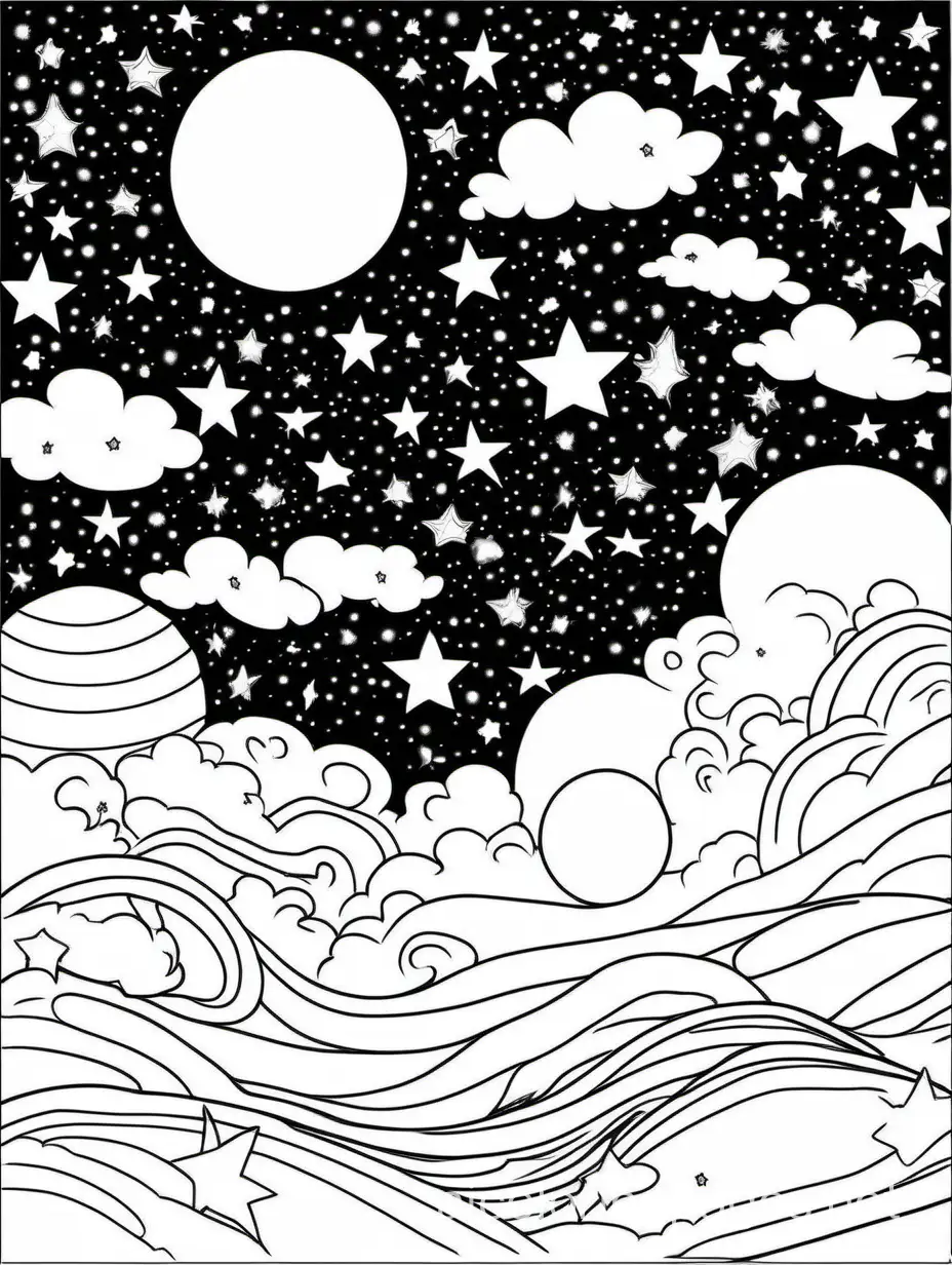 Dreamy Moonlit Sky with Stars and Clouds, Coloring Page, black and white, line art, white background, Simplicity, Ample White Space. The background of the coloring page is plain white to make it easy for young children to color within the lines. The outlines of all the subjects are easy to distinguish, making it simple for kids to color without too much difficulty