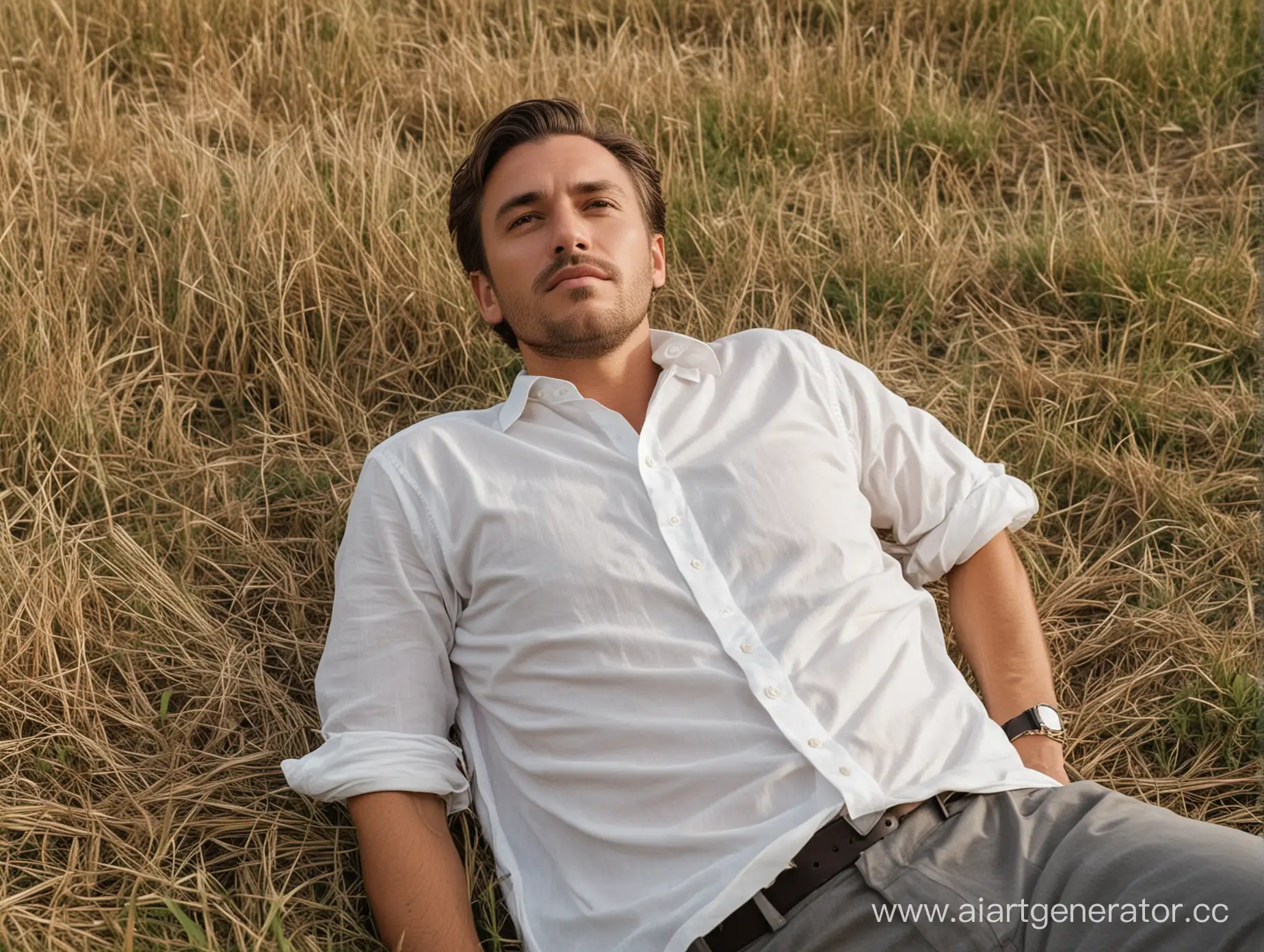 Мужчина в белой рубашке лежит в поле и смотрит в камеру