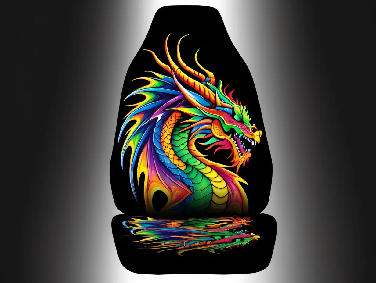 colorful dragon with a 
 black background as a car seat cover. straight forward 