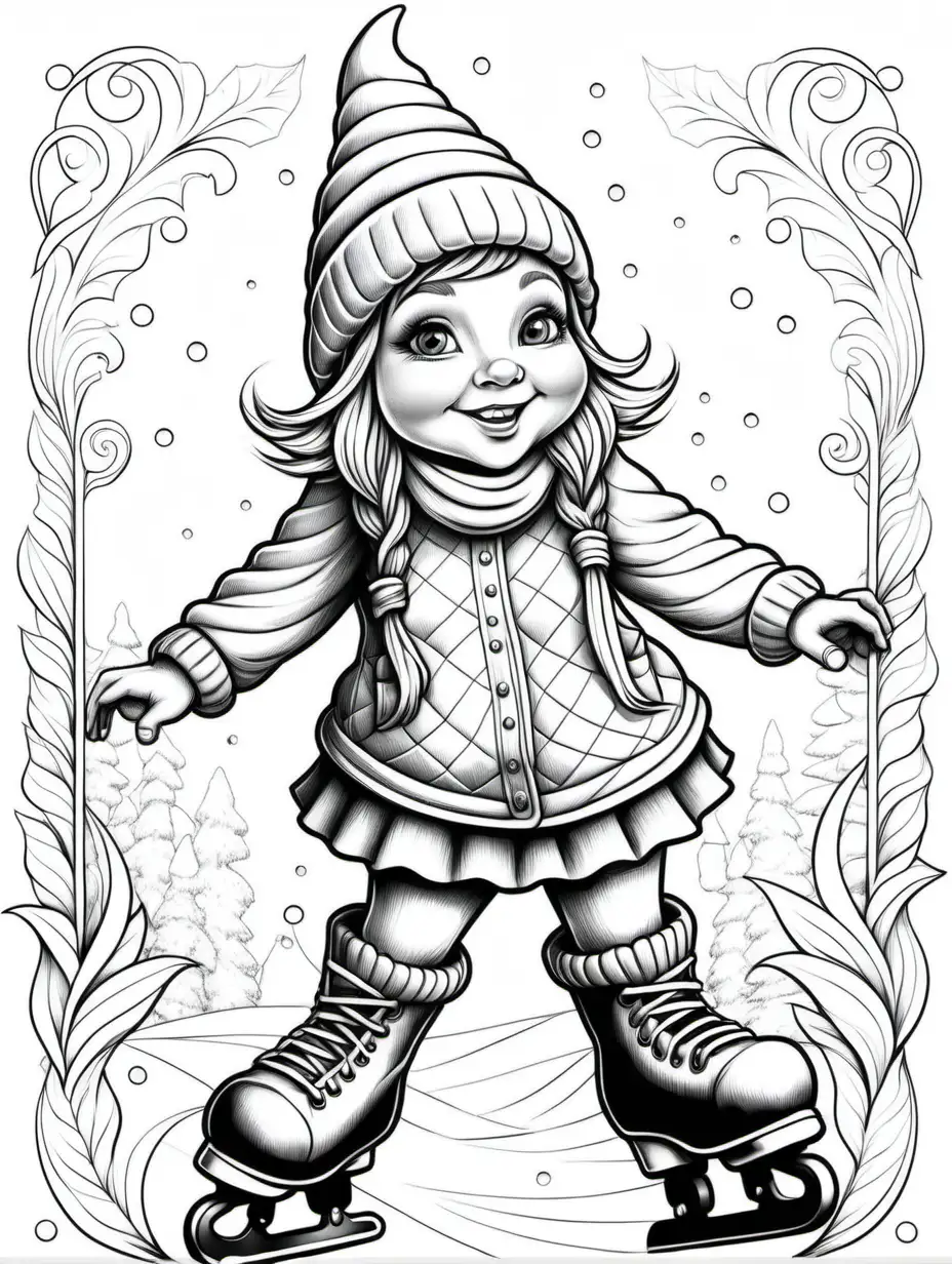 Female Gnome Ice Skating Coloring Page for Adults