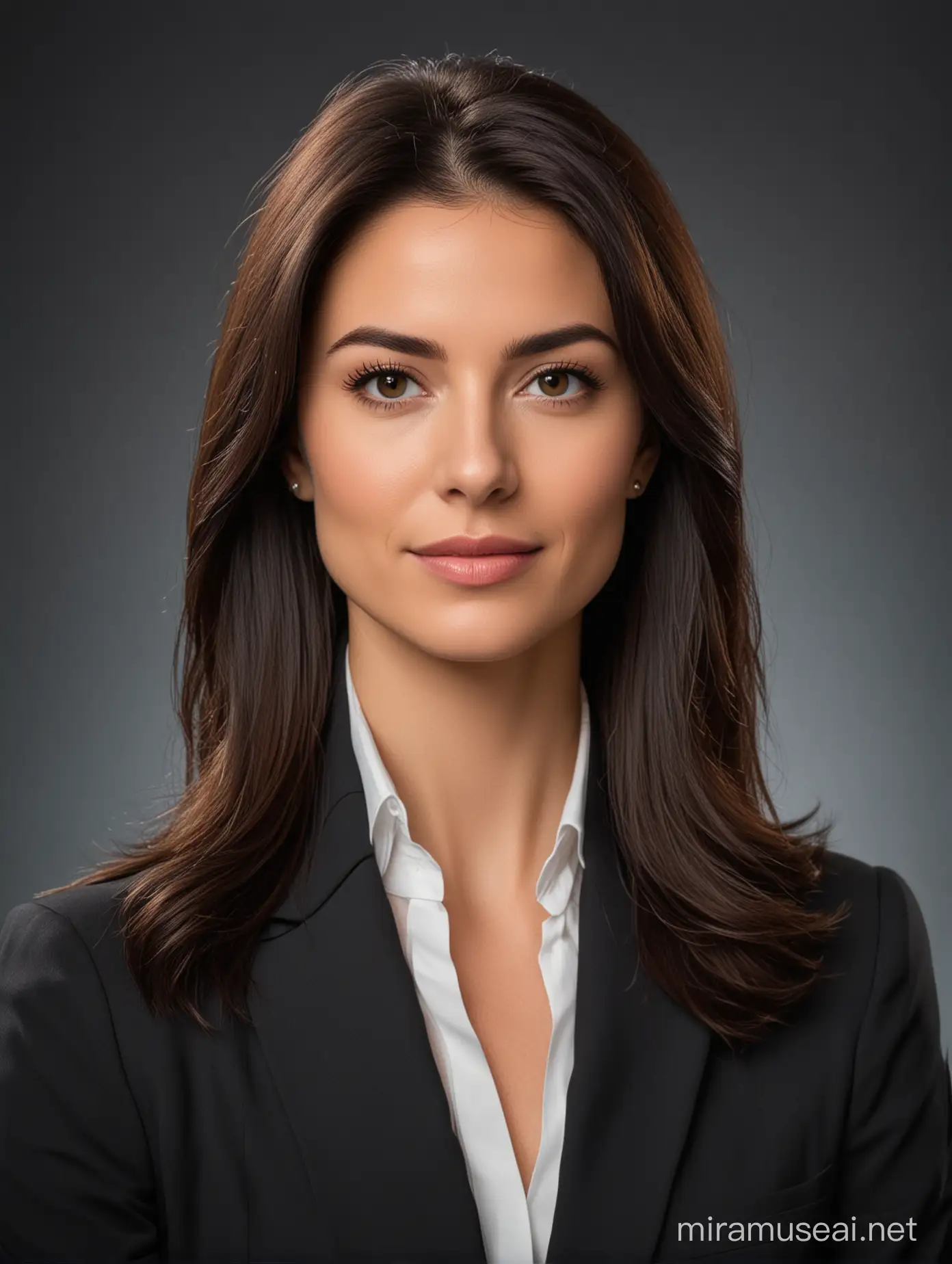 professional studio photo woman lawyer dark straight hair
