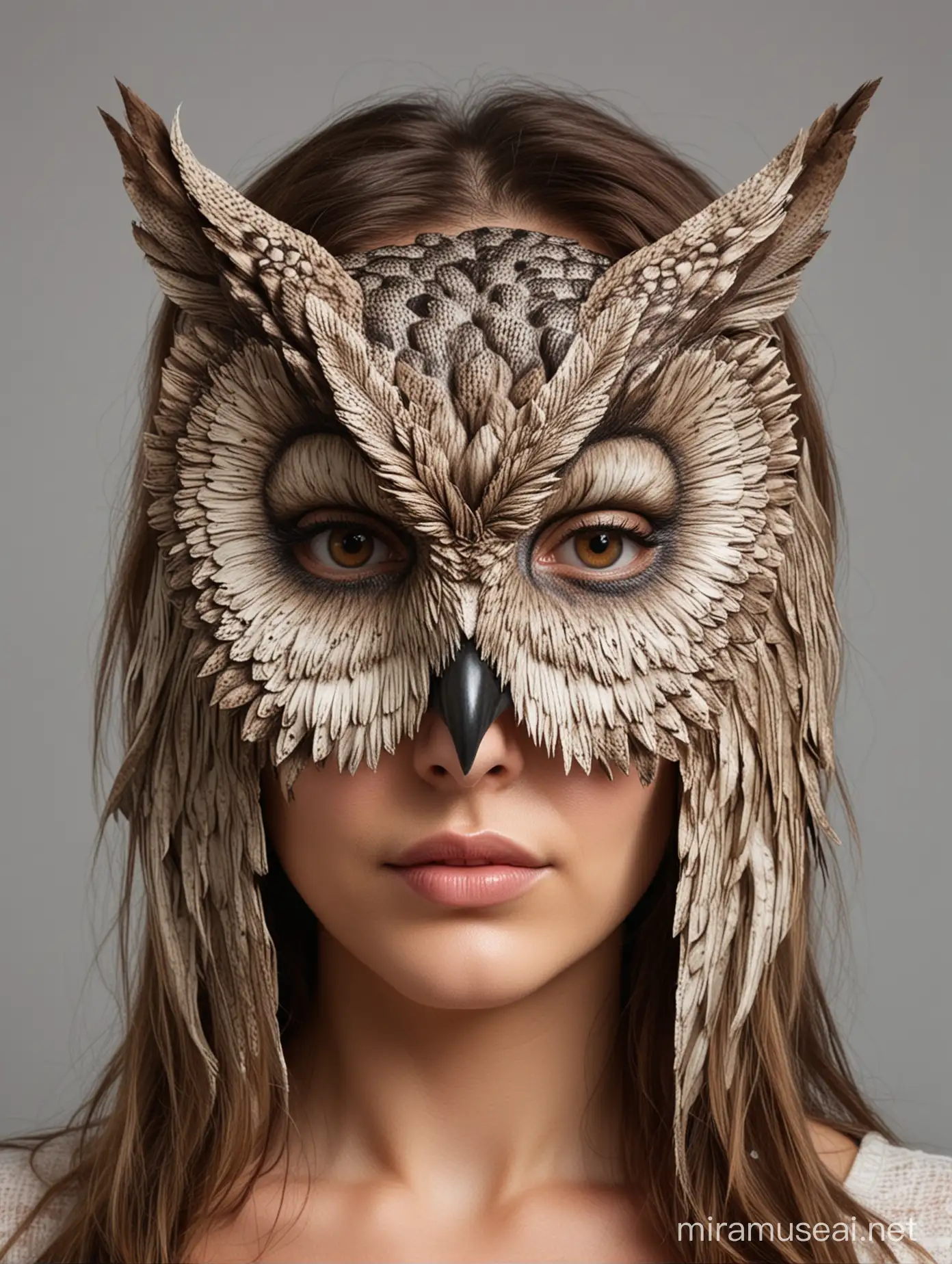 A woman in a realistic owl mask, with owl eyes, covering upper half of her head, face only