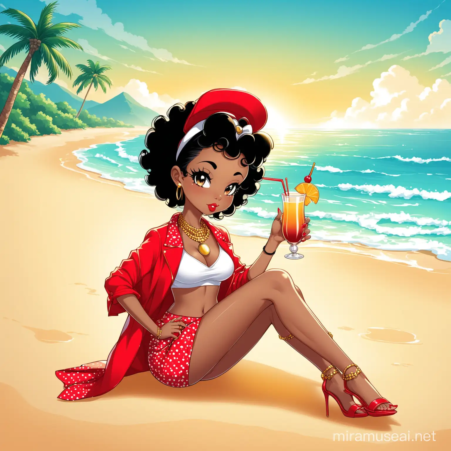 create betty boop african american fashionista with alcoholic drink in hand sitting on a beach