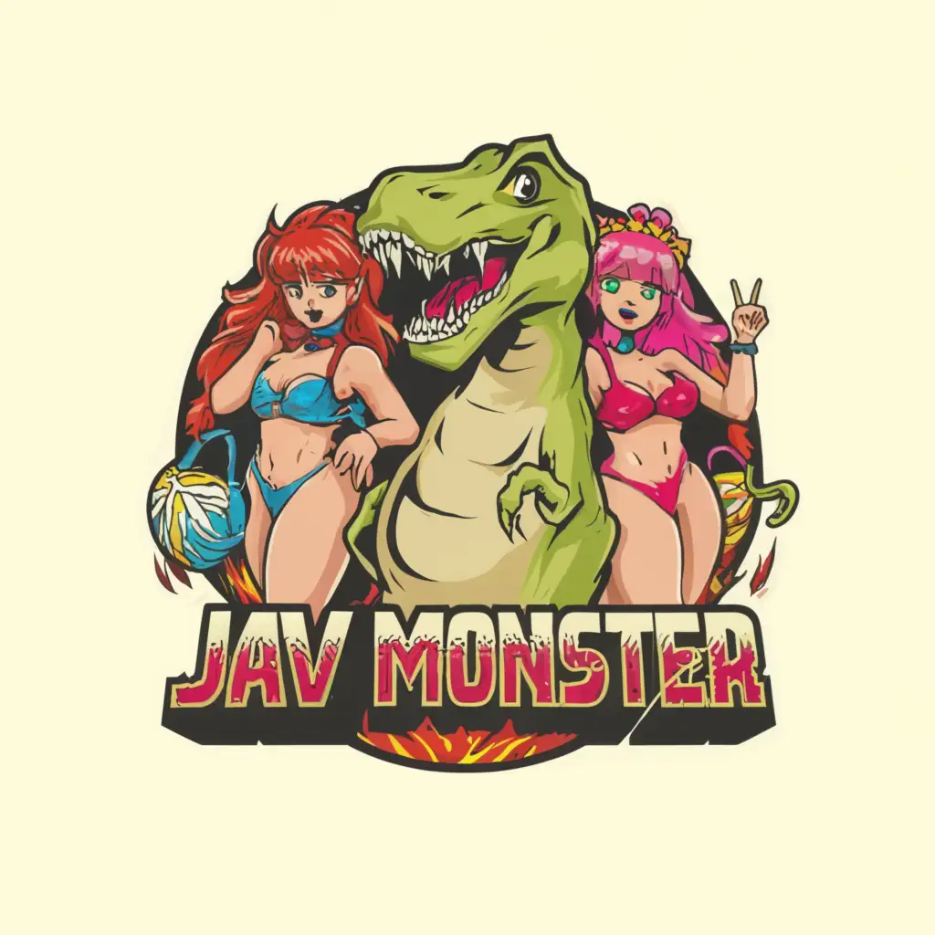 a logo design, with the text 'J A V MONSTER', main symbol: a funny and cute dinosaur with two very attractive and alluring Japanese idols wearing revealing bikinis, complex, to be used in Entertainment industry, clear background