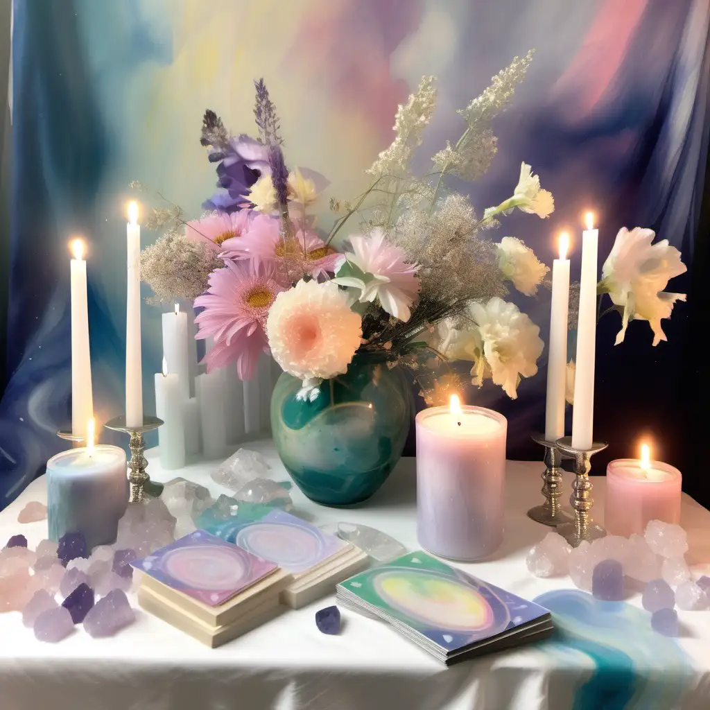 Ethereal Oracle Card Art with Sacred Space and Pastel Elements