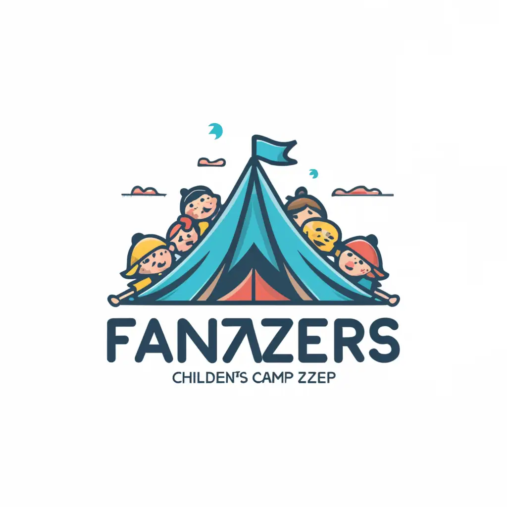 a logo design,with the text "Children's camp "Fantazers"", main symbol:tent, sky, children, camp,Minimalistic,be used in Entertainment industry,clear background