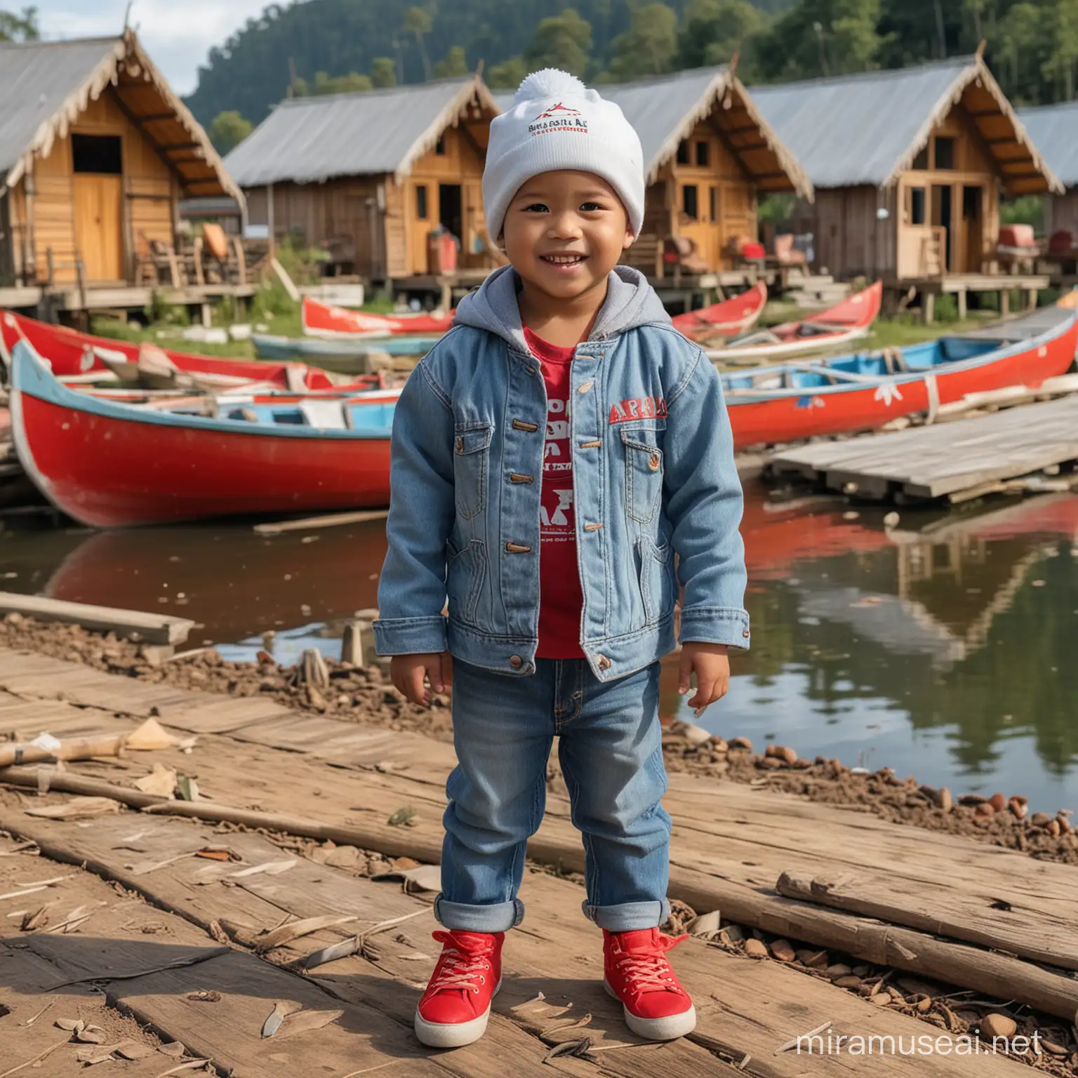 Cheerful Indonesian Boy by the Lakeside in ARKA TAMA Beanie and Jeans
