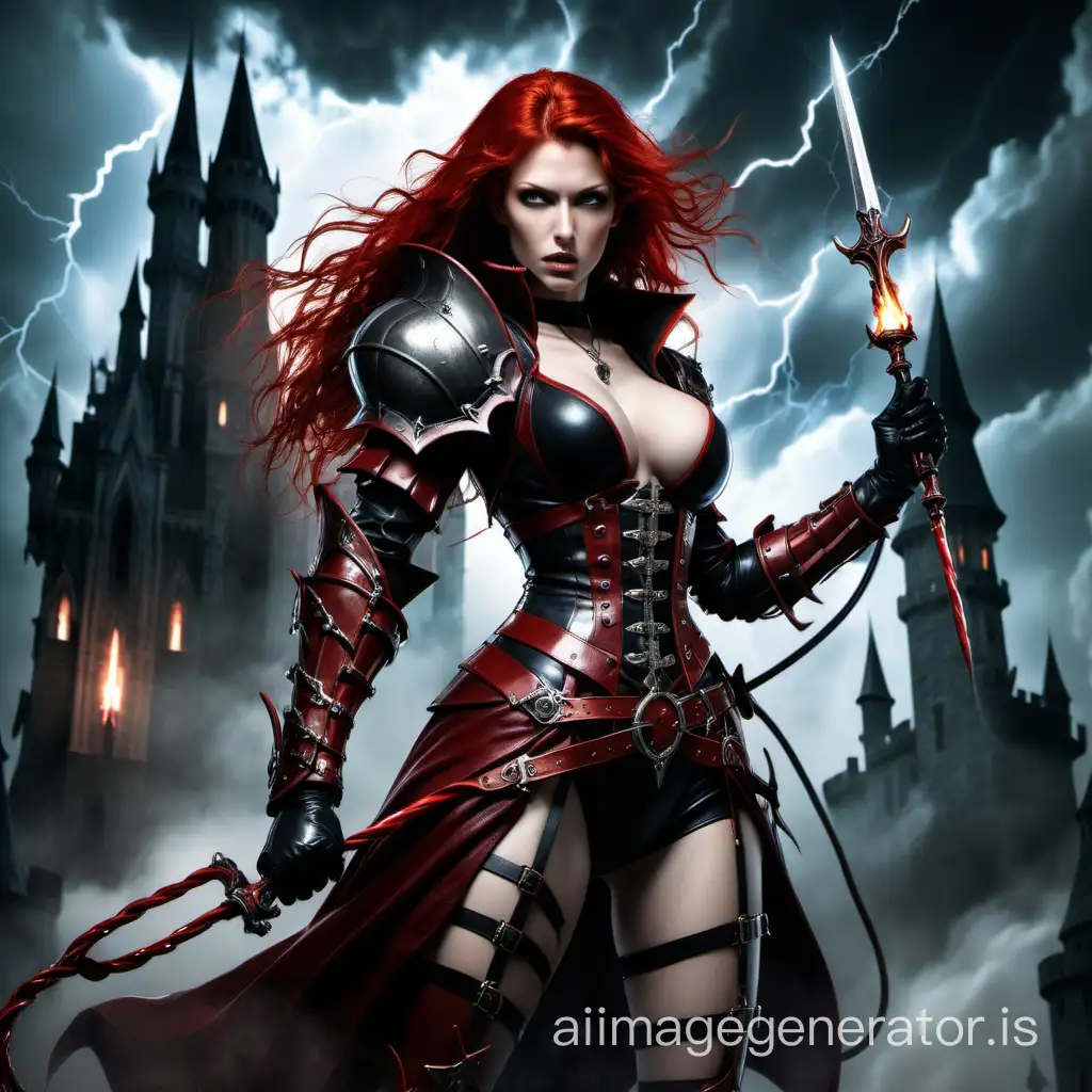 Sexy-Red-Haired-Woman-in-Leather-Armor-with-LightningFilled-Sky-and-Castle