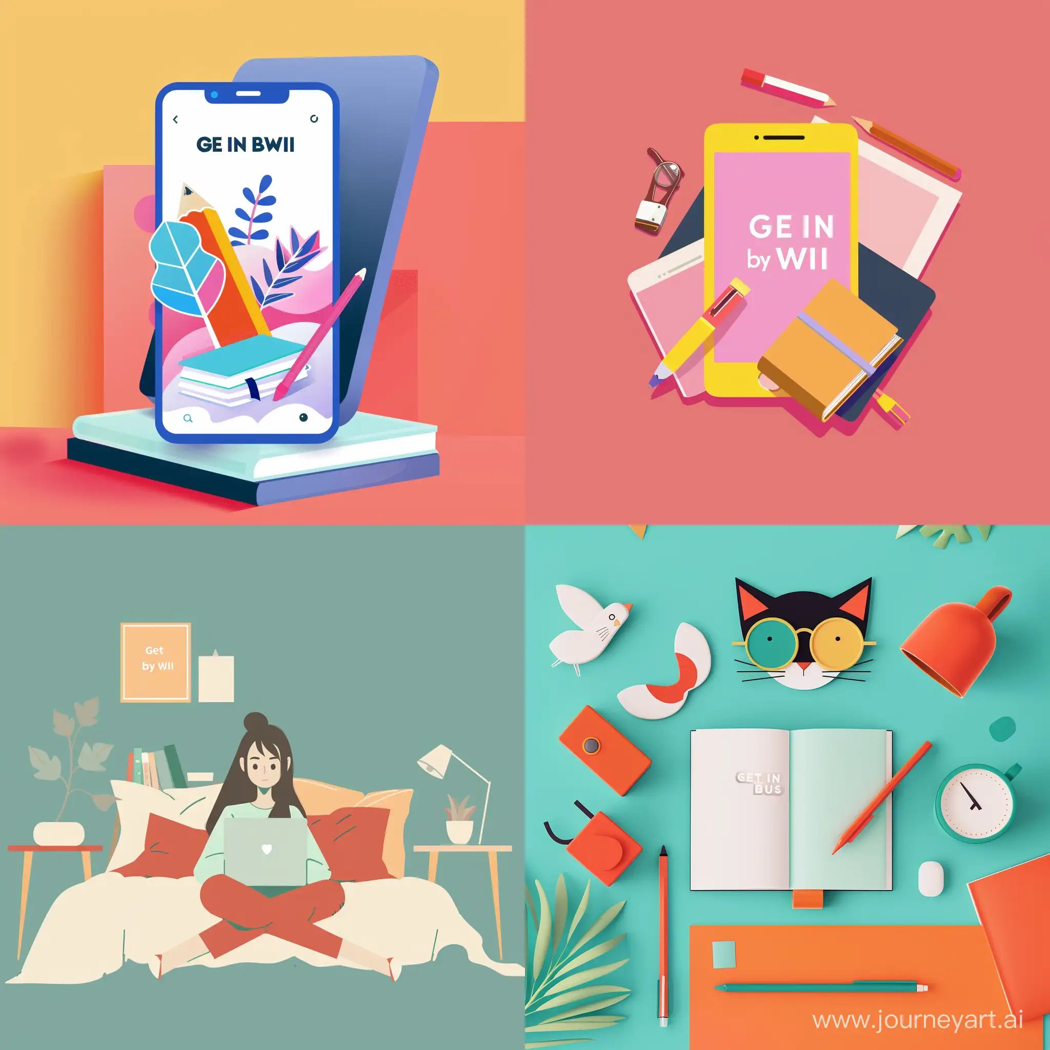 Draw a visual for social media posts for an online USE preparation school called "Get in by lbBWI", in a minimalistic strict yet cute style and bed colors