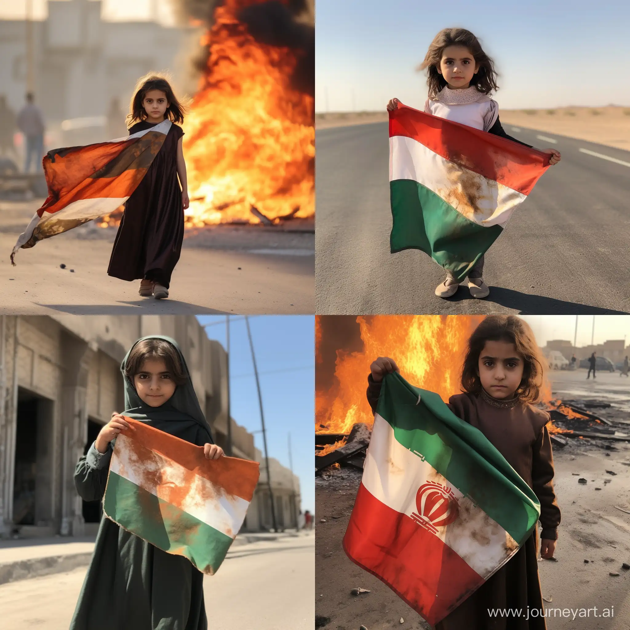 A 6-year-old girl with a red, white, and green flag of Iran in her hand caught fire in the street and the people of Kerman province of Iran fled