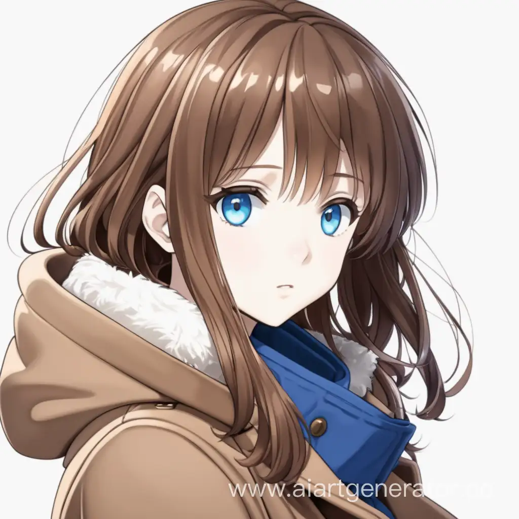 Девушка с коричневыми волосами, синими глазами в коричневом плаще наклонена белый фон аниме