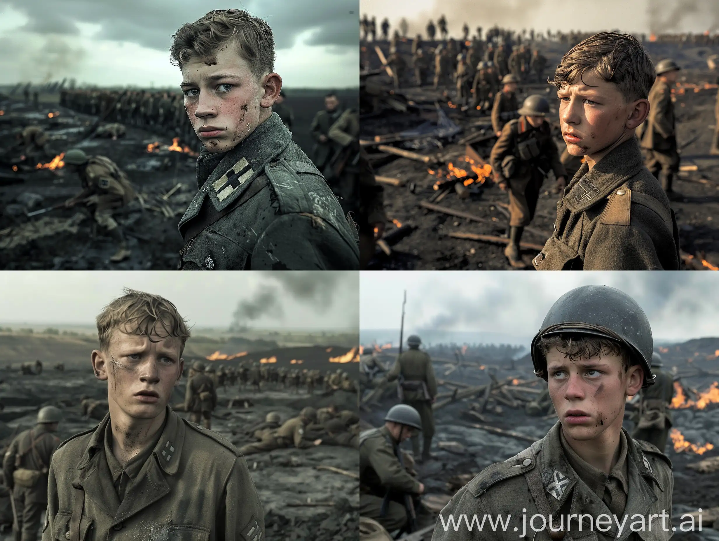 WW2 German soldier, young, looking lost, lots of soldiers in the background, burnt earth
