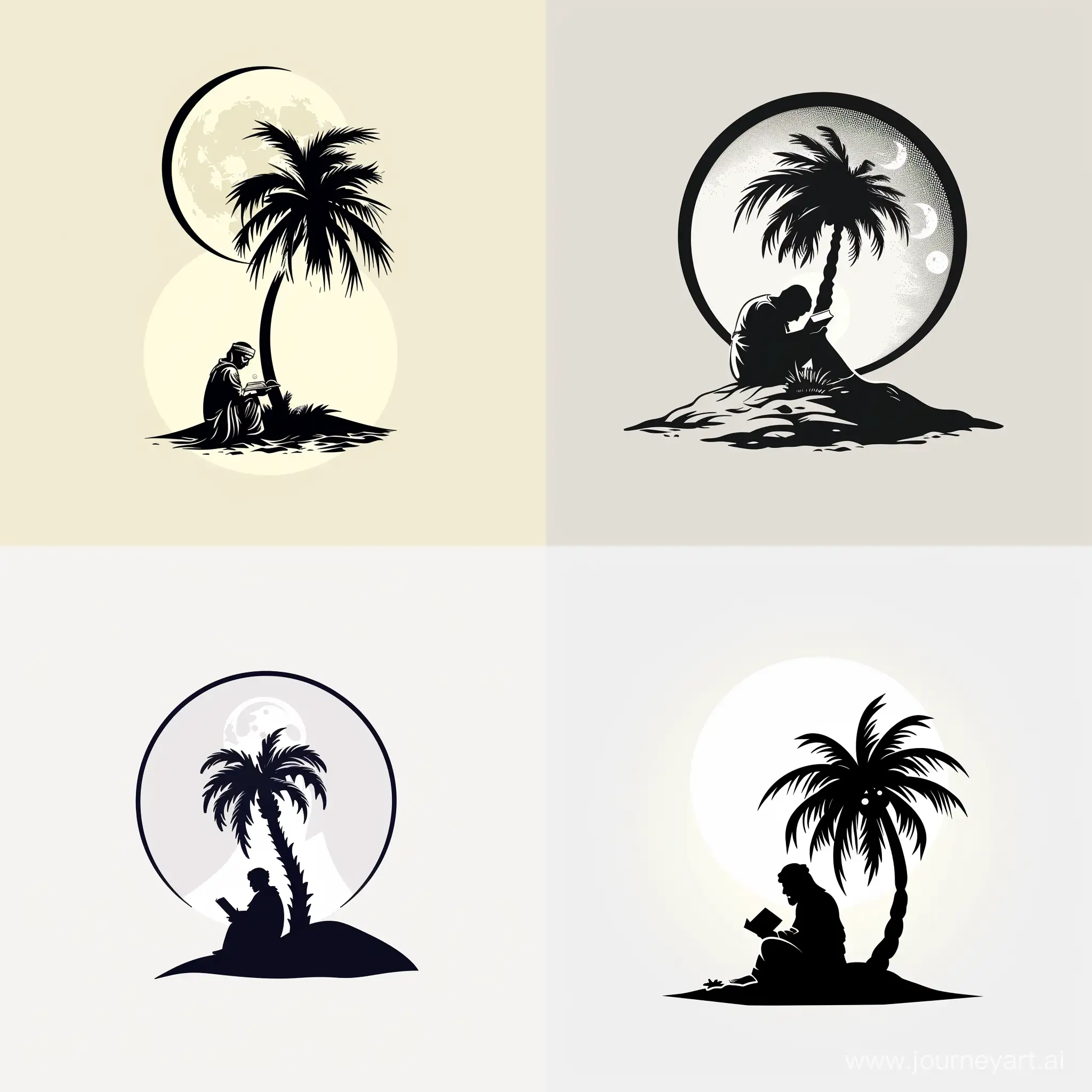 Make a very simple logo about a Middle Eastern Bedouin man reading a book and leaning his back on a palm tree in the middle of an oasis with big moon behind. Make the background and the moon full white, make the man and the palm tree black and only color the sand under the man.