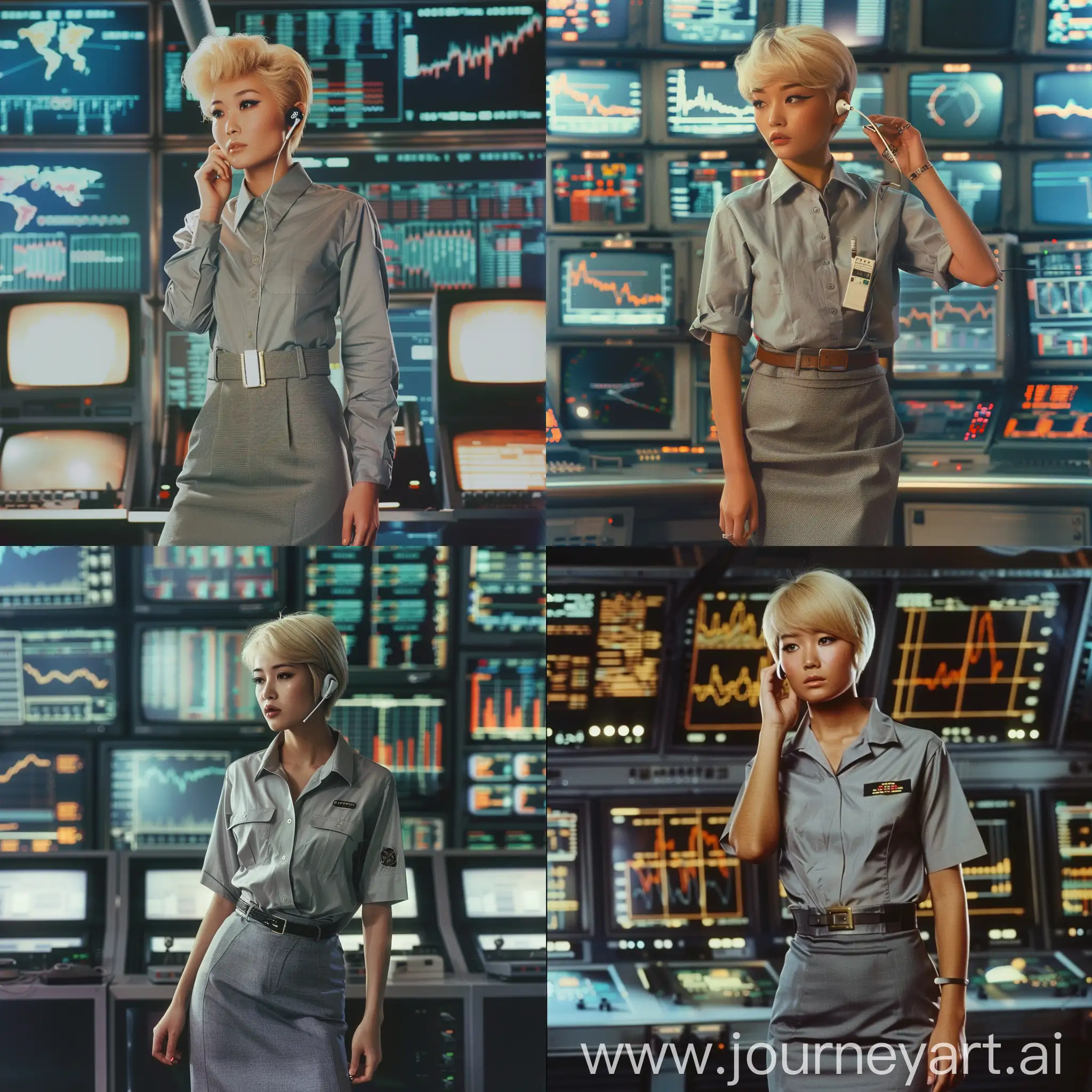 noble blond blonde with short hair mixed Asian and European in a gray shirt and skirt with an earphone in her ear in front of a background of monitors and charts in a sci-fi style, 1980