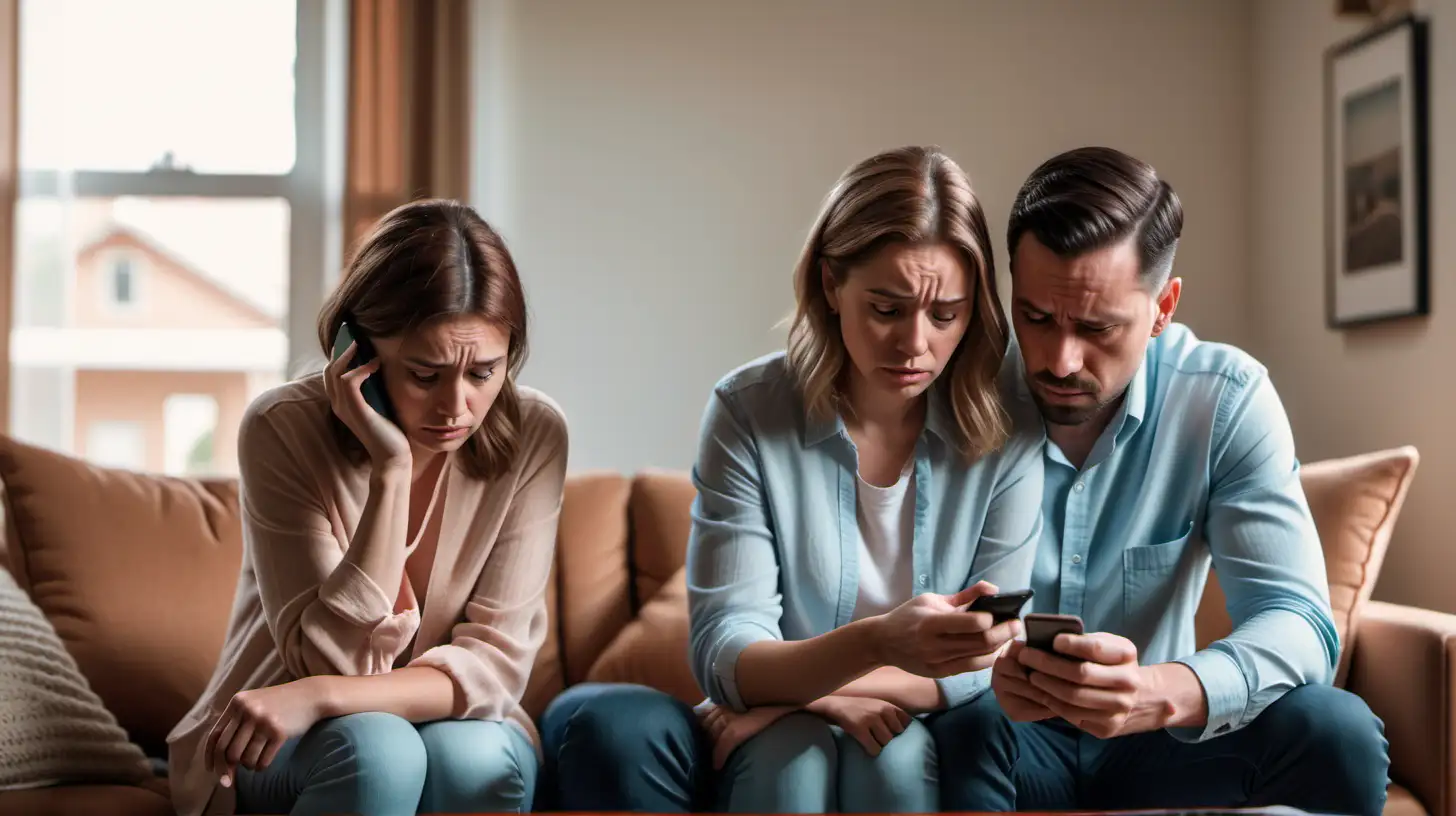 A somber, realistic image of a couple in a living room, with one partner holding a phone and looking devastated by a discovered message, and the other trying to explain with a guilty, yet defensive posture. The background subtly shows a family photo, highlighting the impact of trust issues."