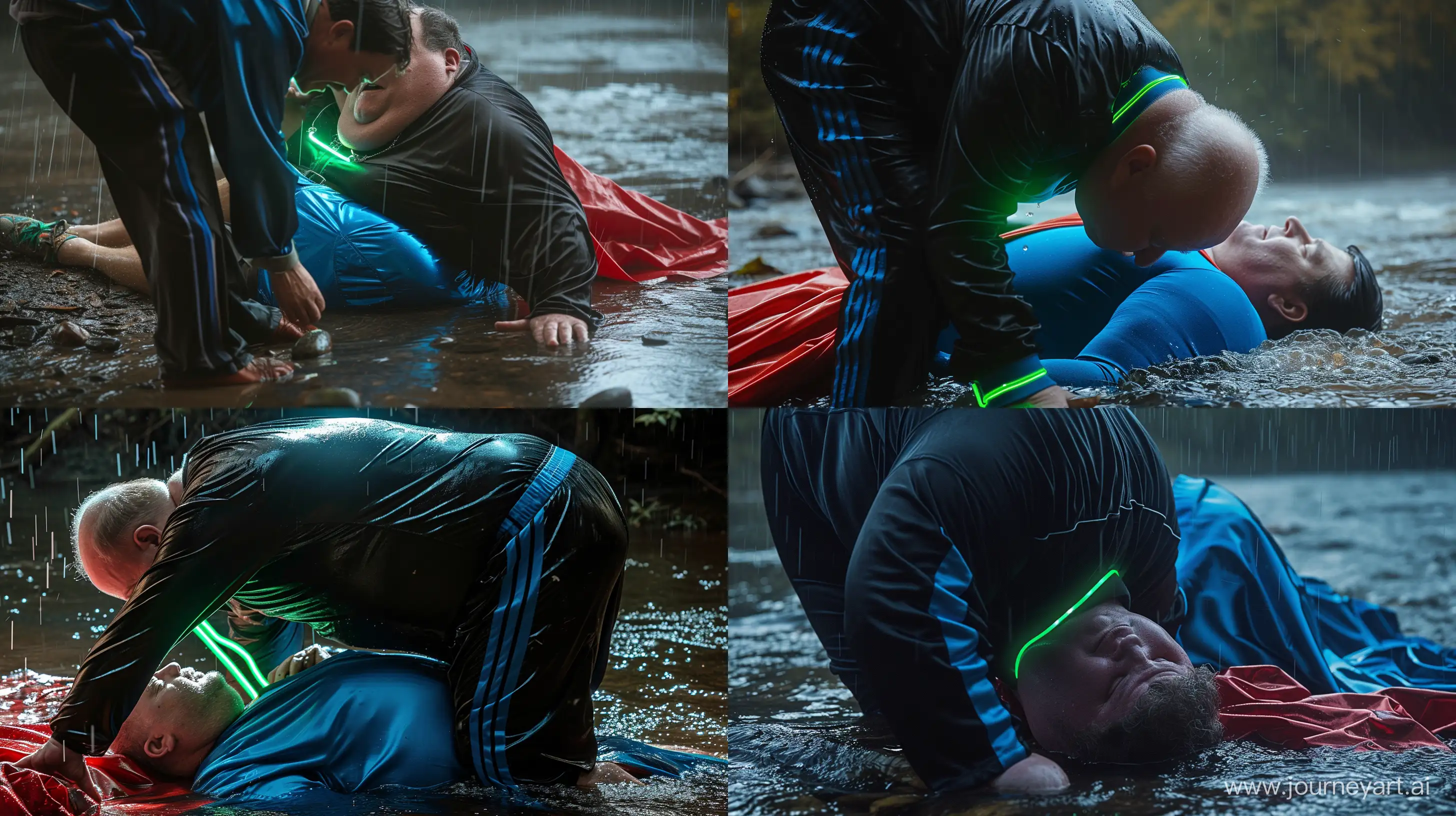 Close-up photo of a fat man aged 60 wearing silk black tracksuit with a blue stripe on the pants. He is bending and tightening a tight green glowing neon dog collar on the neck of a fat man aged 60 wearing a tight blue 1978 smooth superman costume with a red cape lying in the rain. Natural Light. River. --style raw --ar 16:9