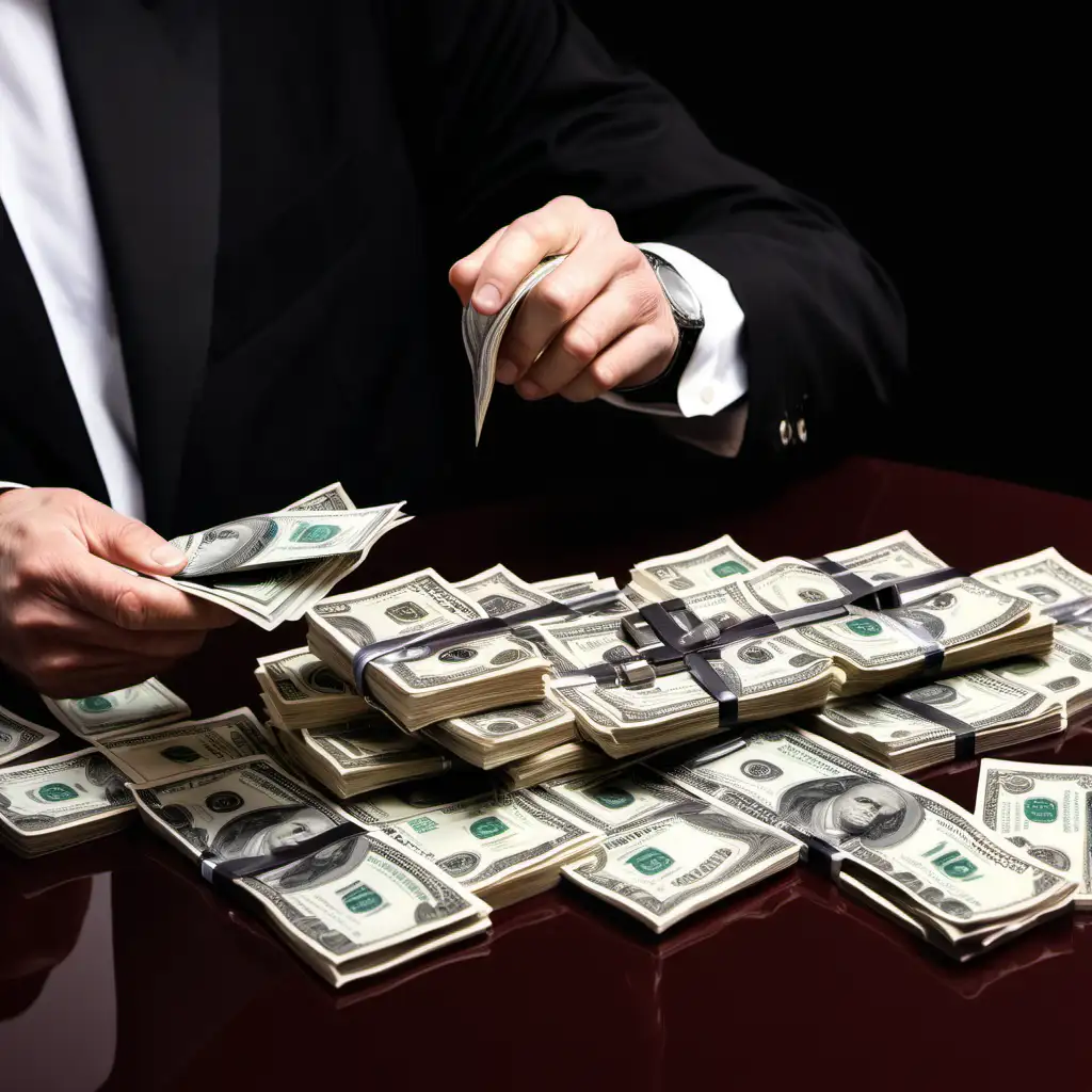 Affluent Individuals Gathered Around Table Covered in Currency